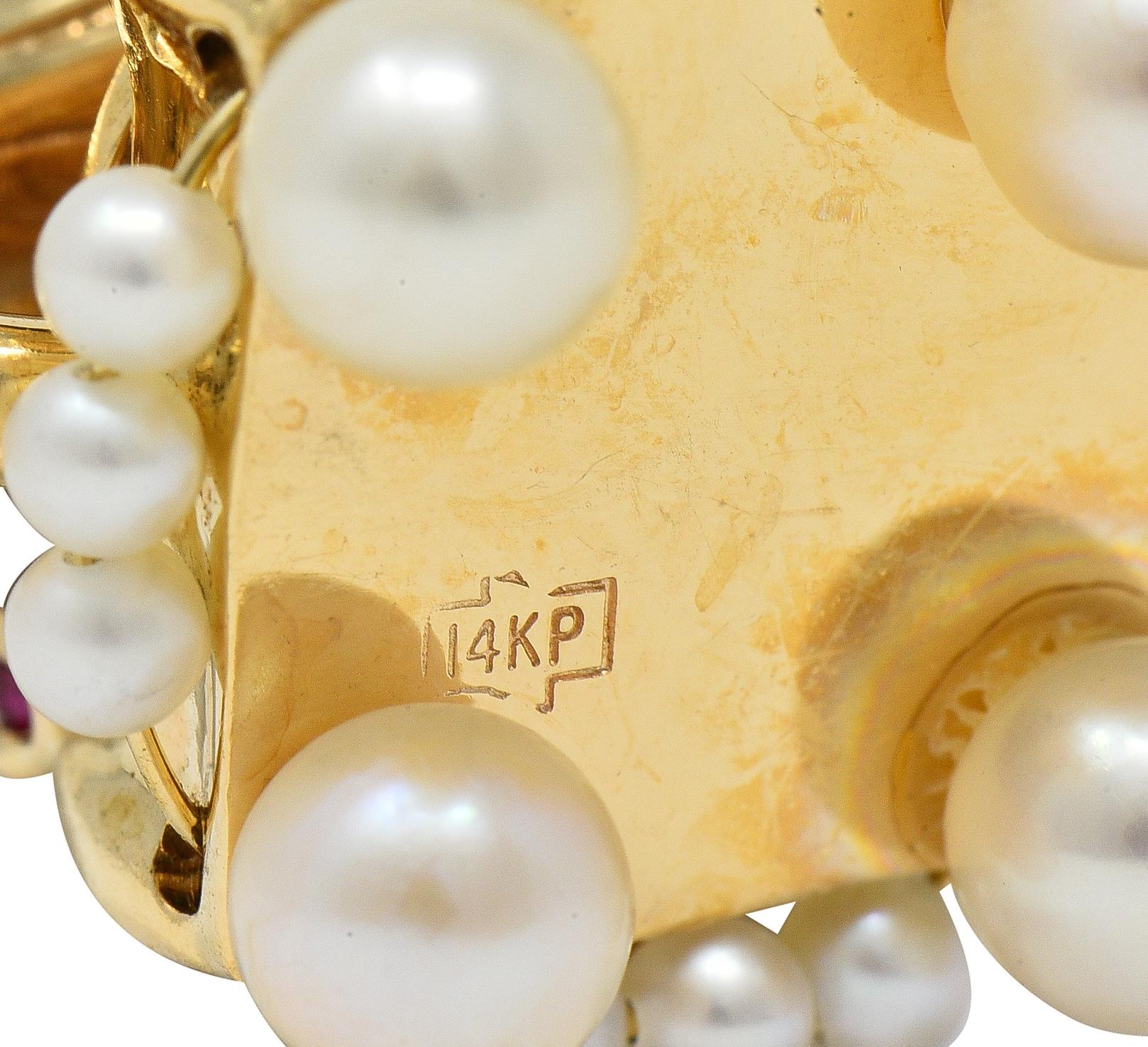 1960's Ruby Sapphire Pearl 14K Yellow Gold Vintage Record Player Pendant Charm