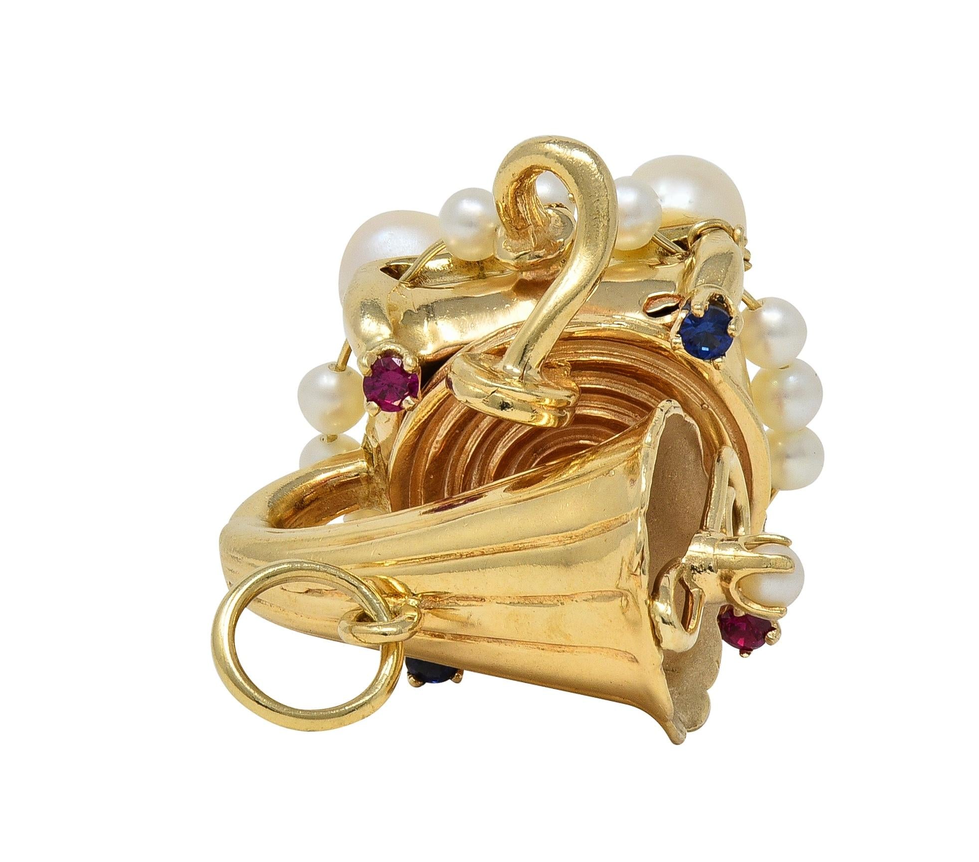 1960's Ruby Sapphire Pearl 14K Yellow Gold Vintage Record Player Pendant Charm