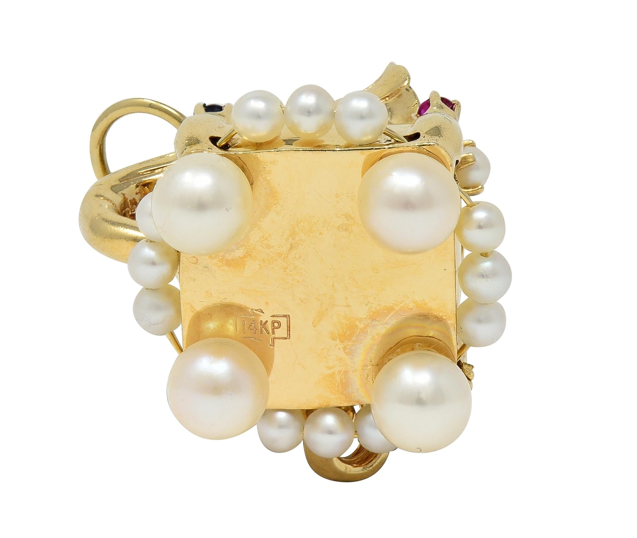 1960's Ruby Sapphire Pearl 14K Yellow Gold Vintage Record Player Pendant Charm