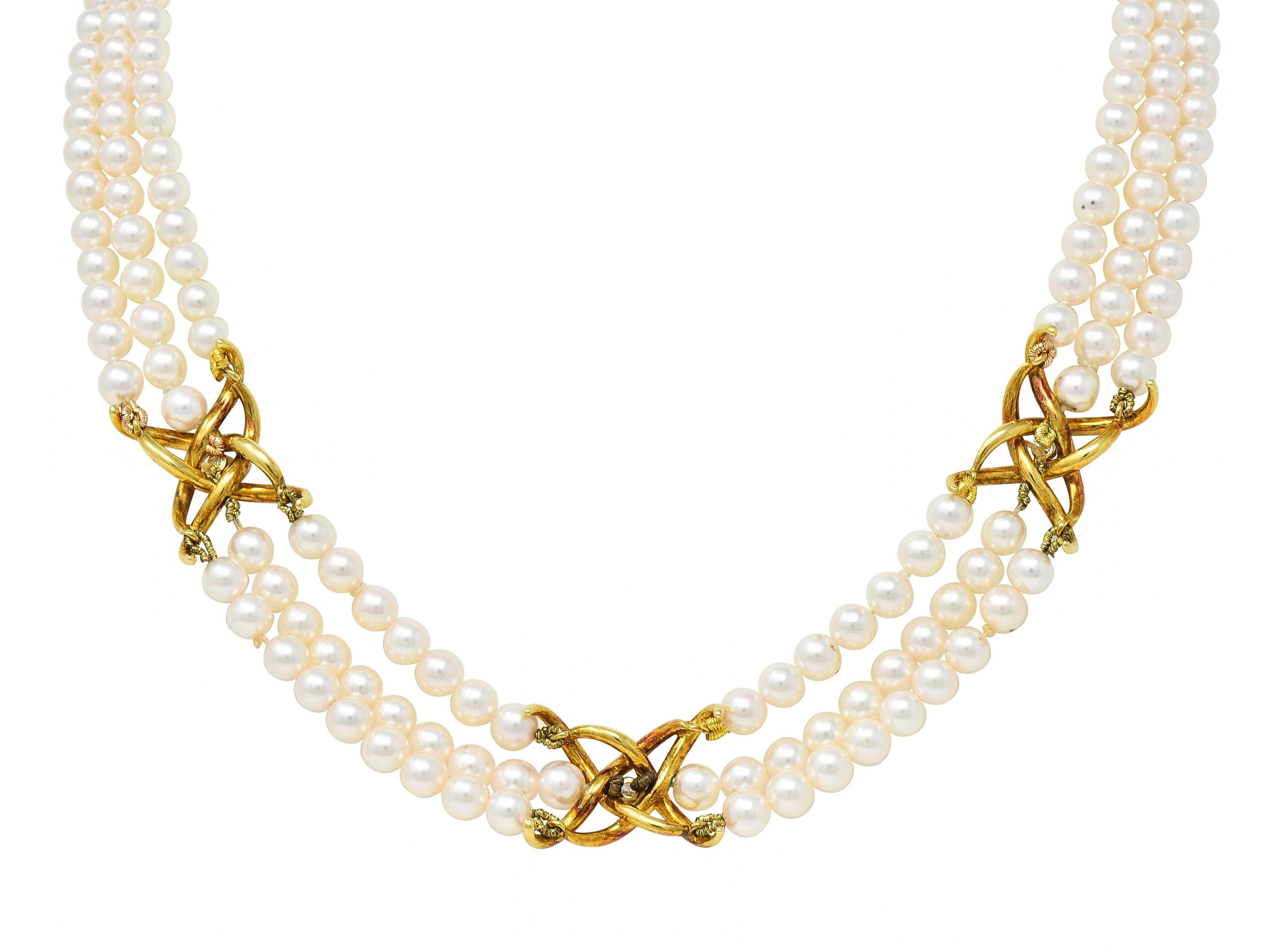 Tiffany & Co. 1980's Pearl Diamond 18 Karat Gold Vintage Multi-Strand Necklace