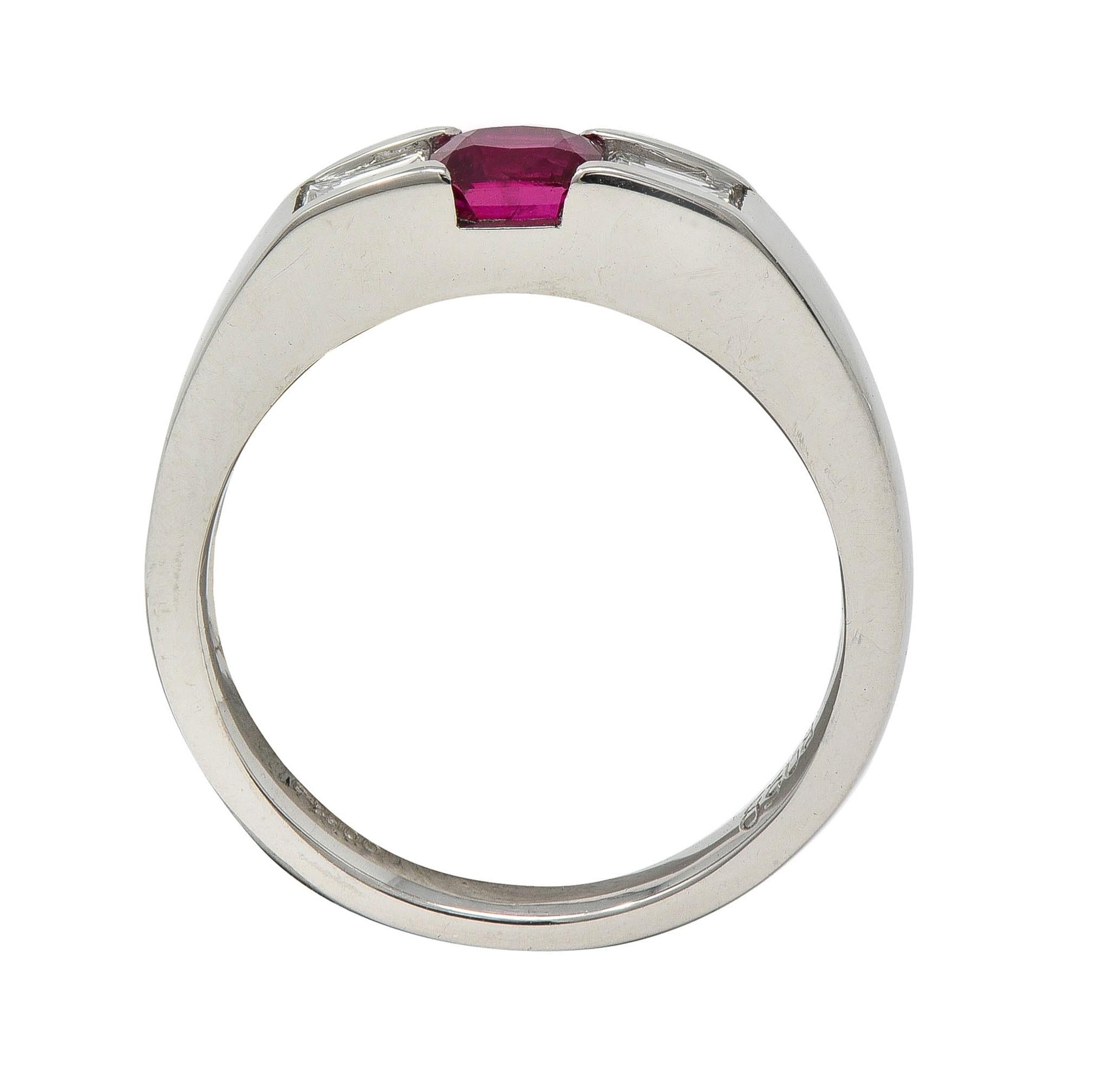 Contemporary 0.82 CTW Ruby Diamond Platinum Three Stone Ring