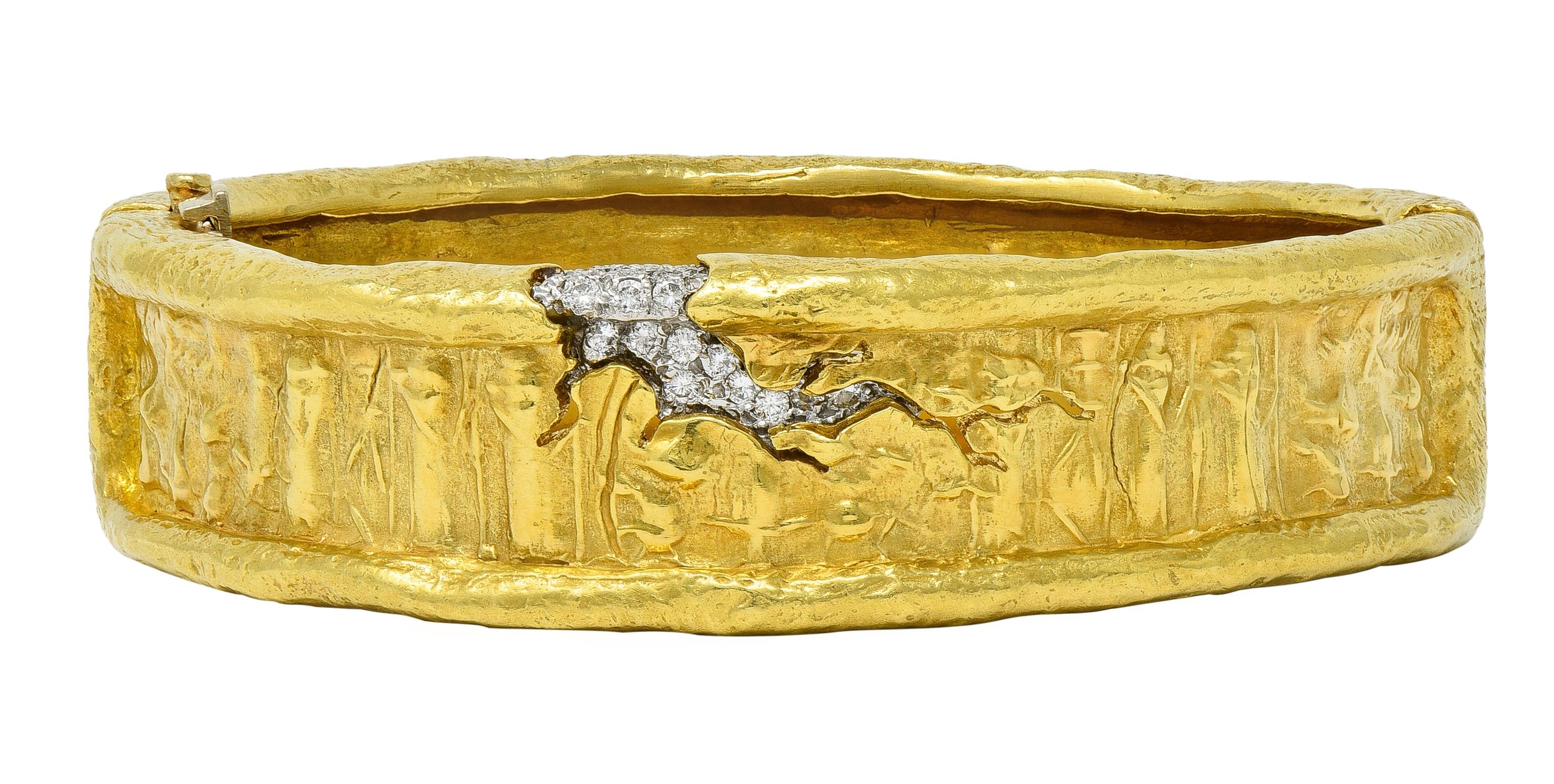 SeidenGang 1990's Diamond Platinum 18K Gold Vintage Egyptian Bangle Bracelet
