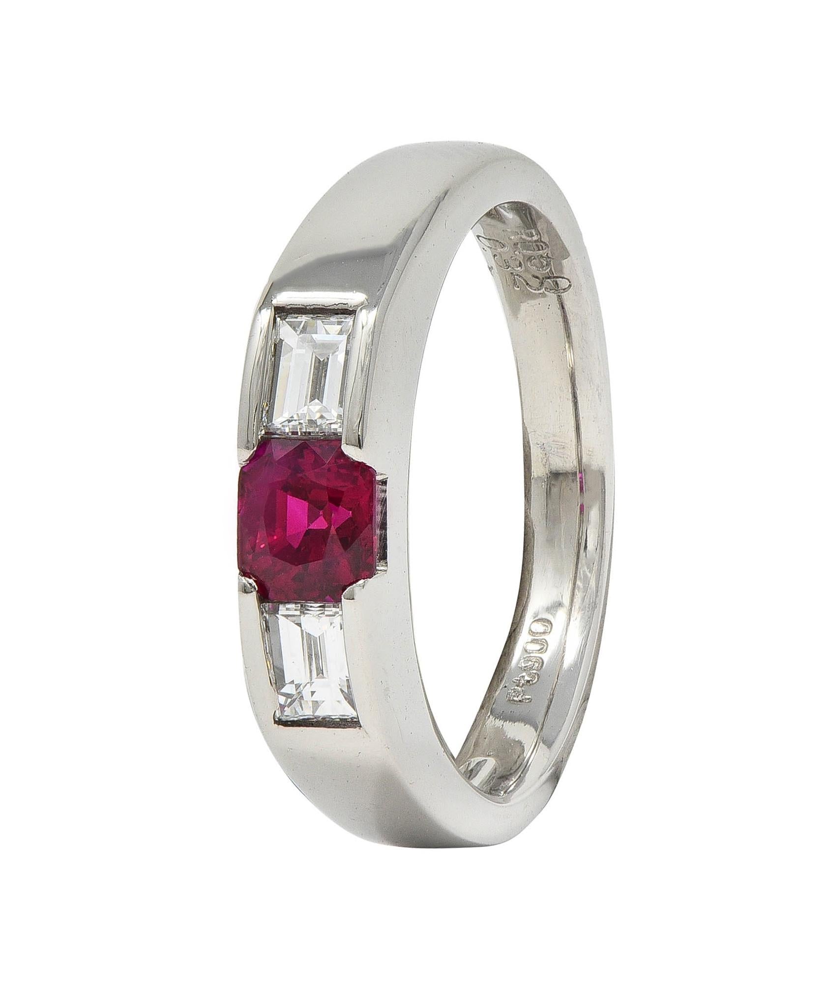 Contemporary 0.82 CTW Ruby Diamond Platinum Three Stone Ring