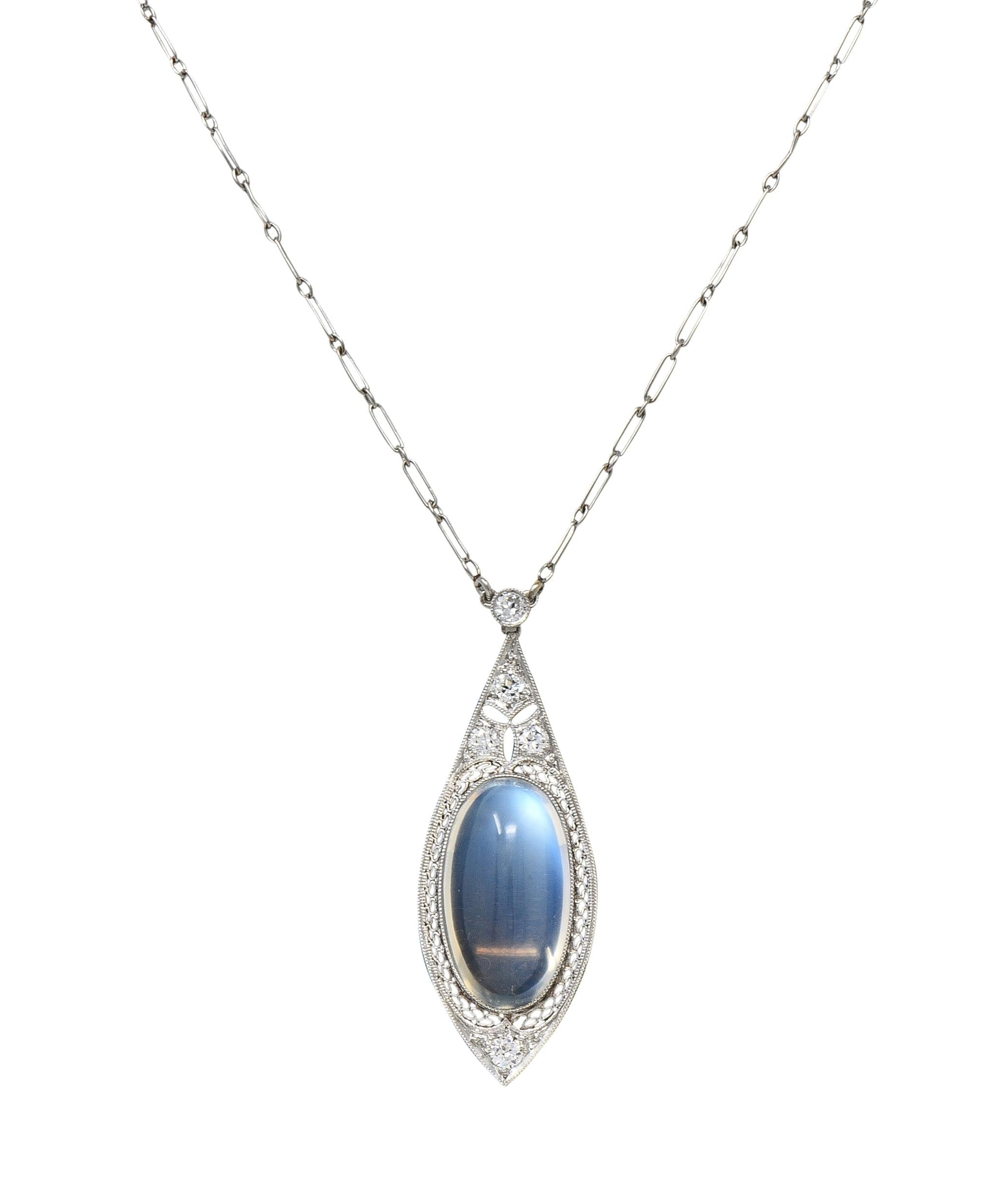 Early Art Deco Moonstone Diamond Platinum Antique Filigree Station Drop Necklace
