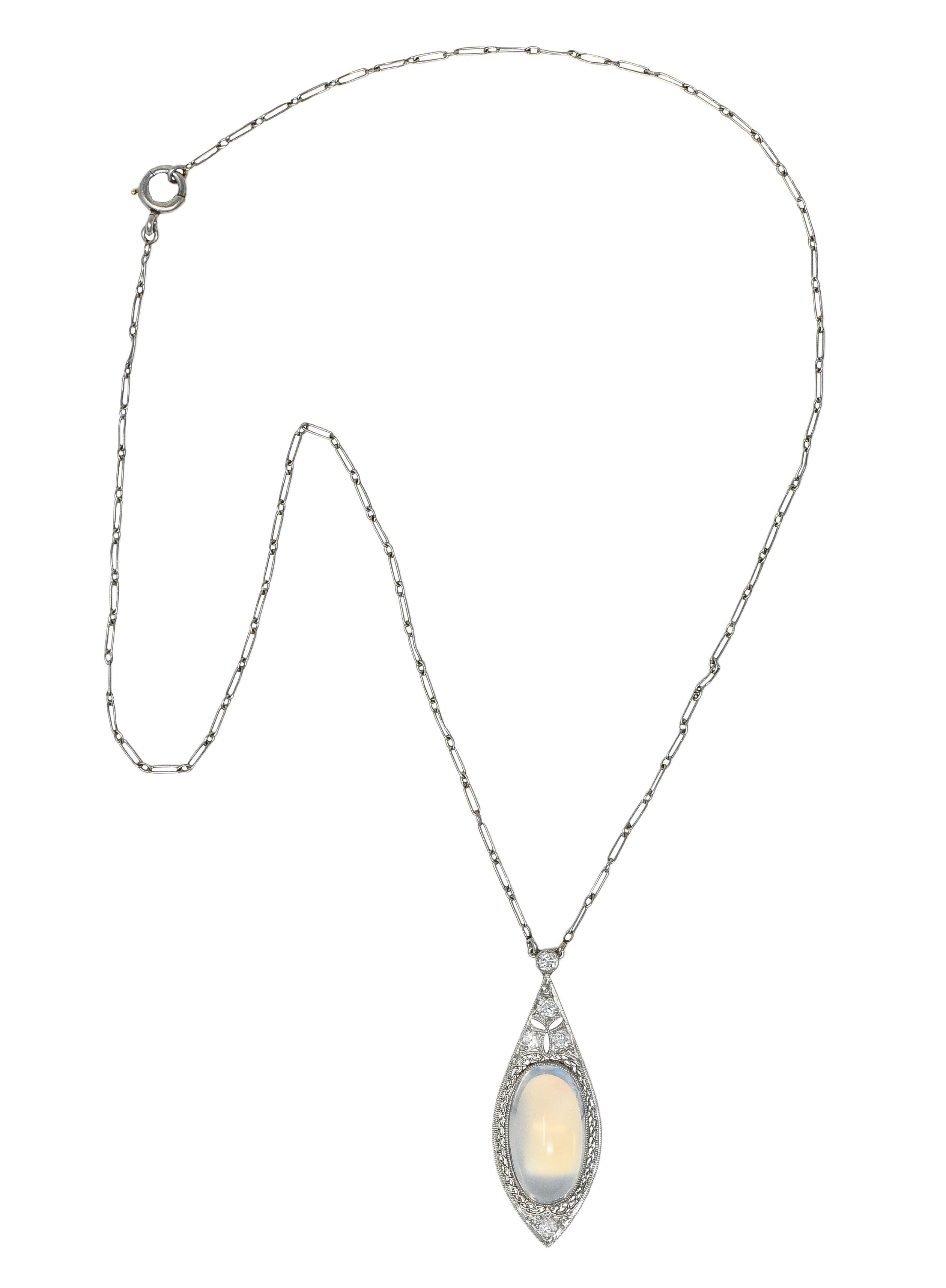 Early Art Deco Moonstone Diamond Platinum Antique Filigree Station Drop Necklace