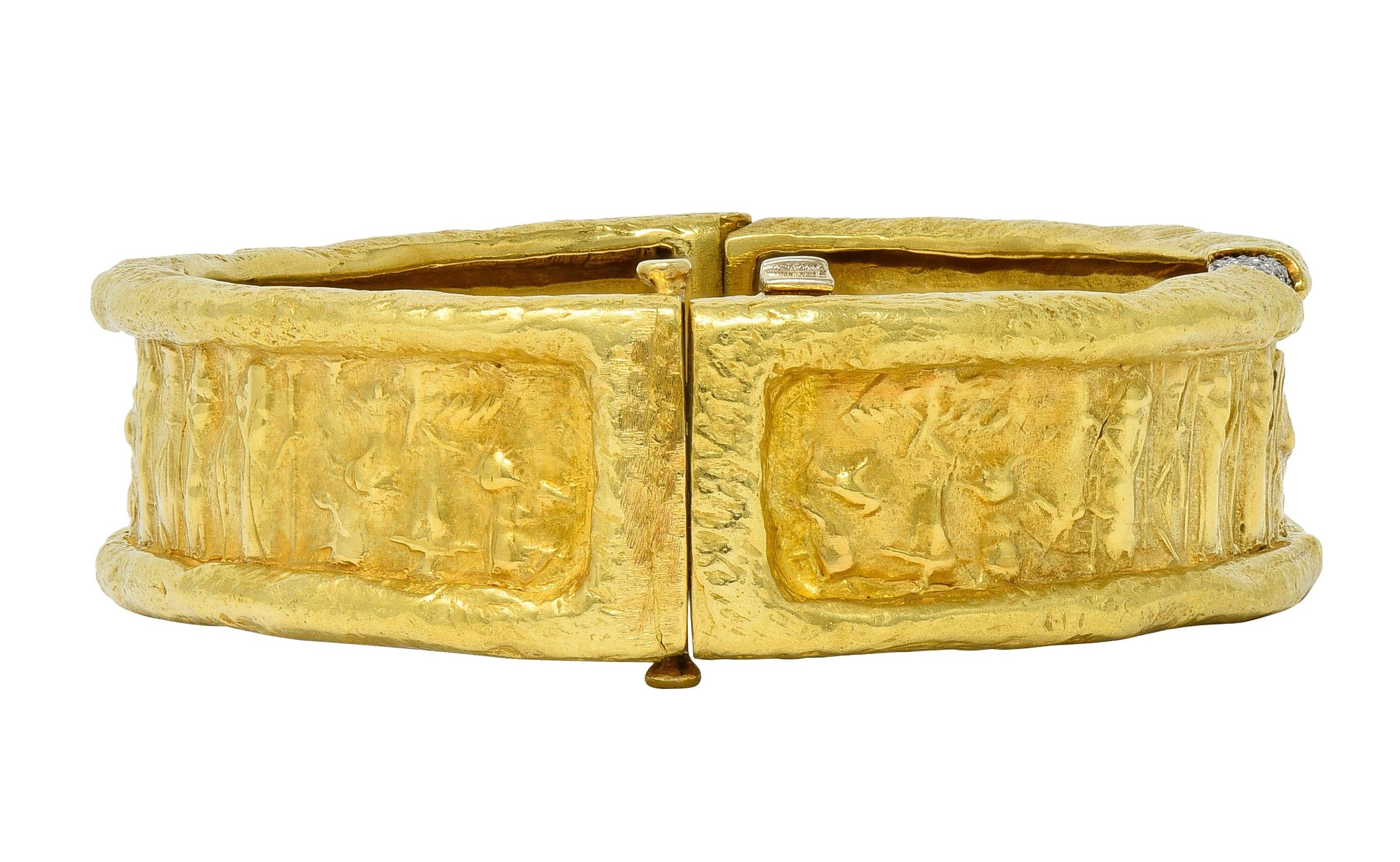 SeidenGang 1990's Diamond Platinum 18K Gold Vintage Egyptian Bangle Bracelet