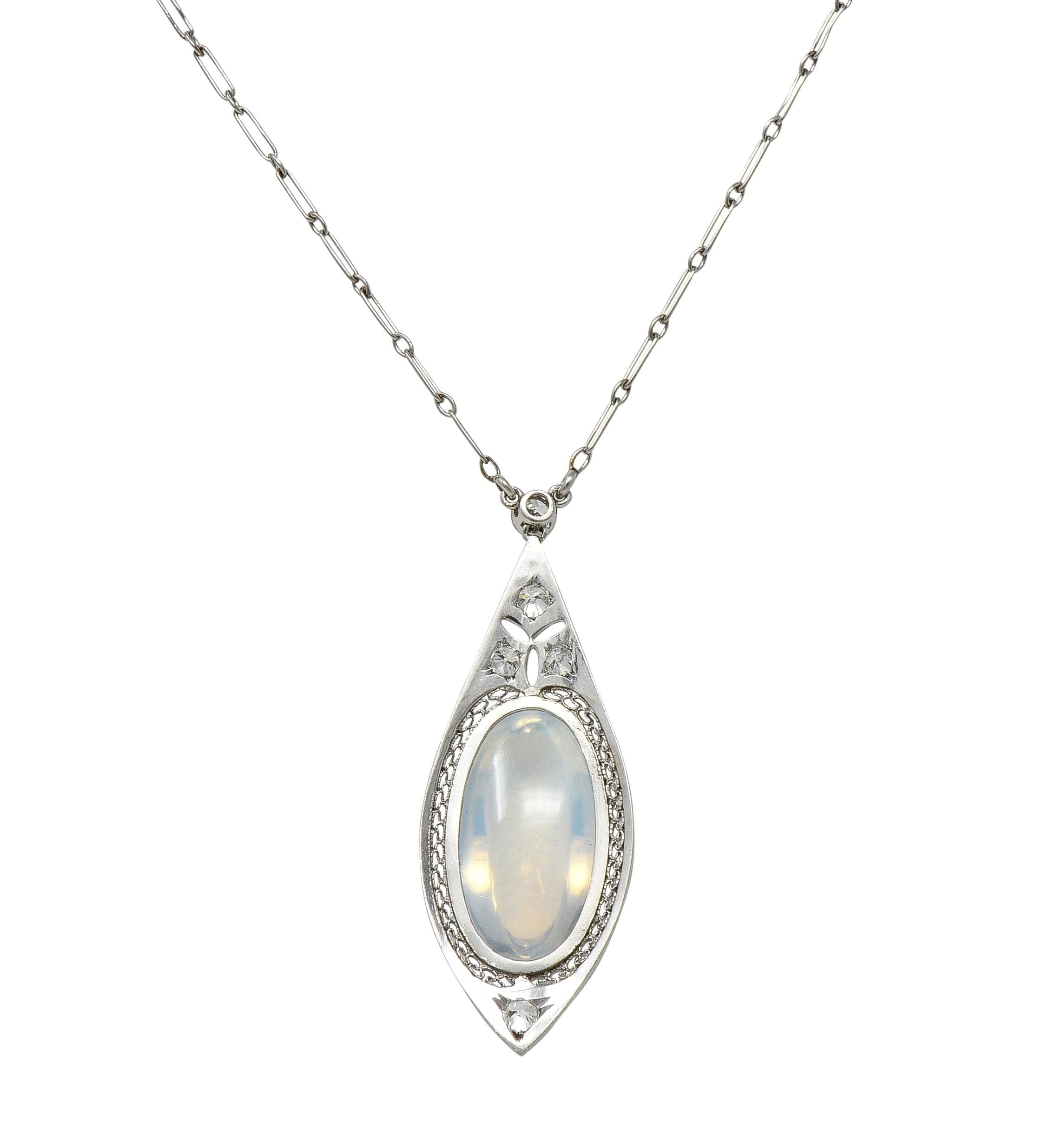 Early Art Deco Moonstone Diamond Platinum Antique Filigree Station Drop Necklace