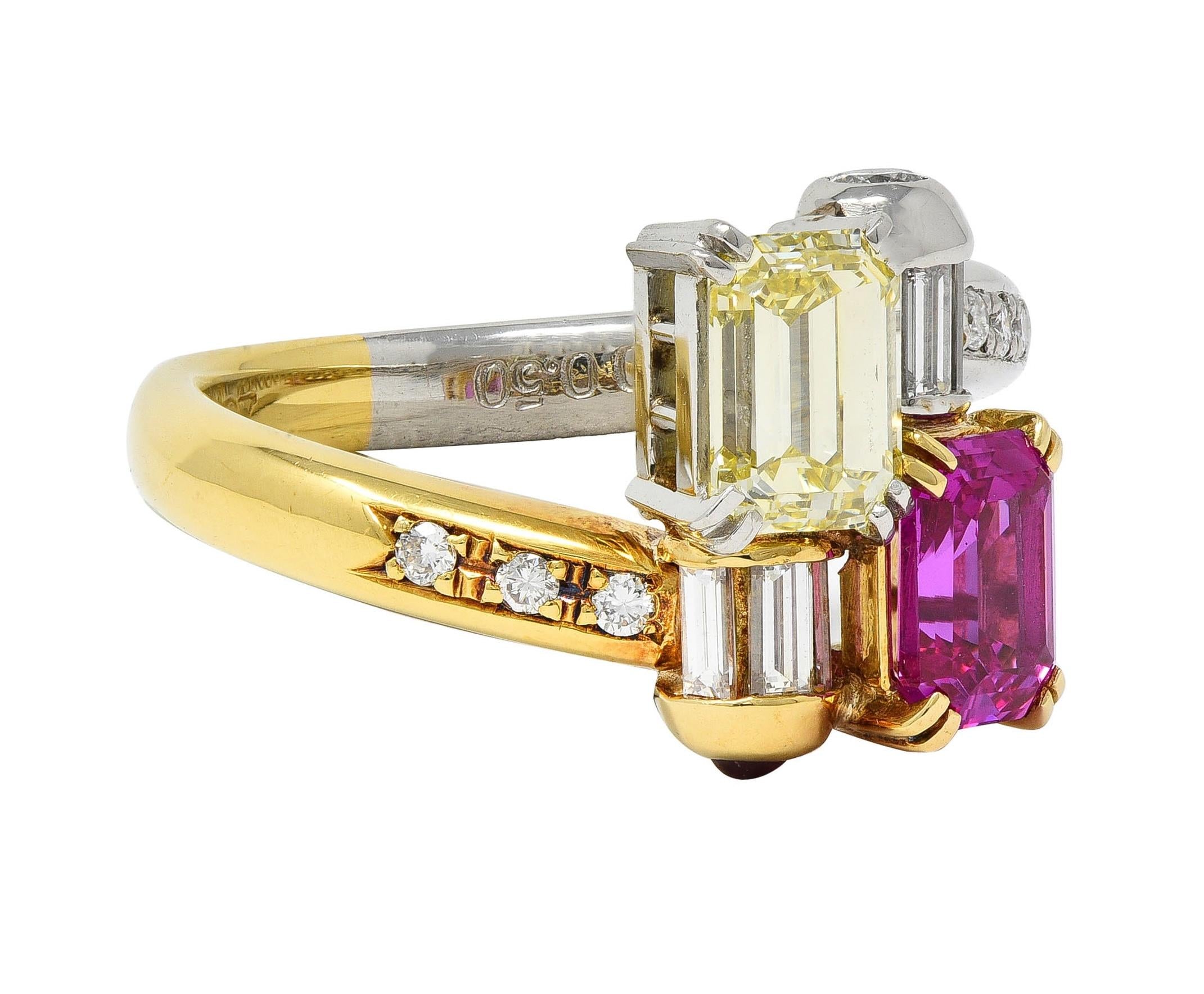 2000's Pink Sapphire Fancy Yellow Diamond Ruby Platinum 18K Gold Toi-Et-Moi Ring