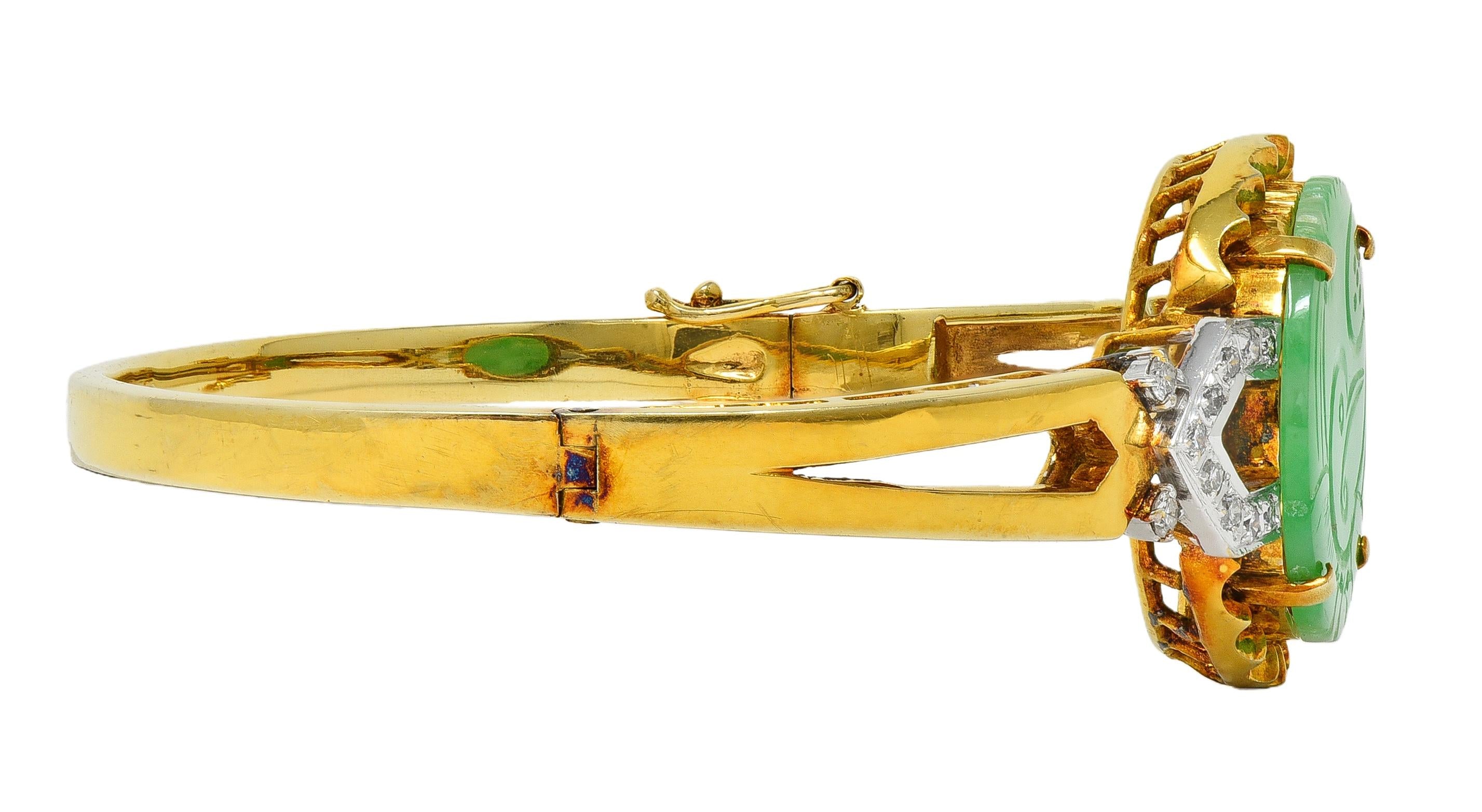 Art Deco Jade Diamond Platinum 14 Karat Yellow Gold Vintage Bird Bangle Bracelet