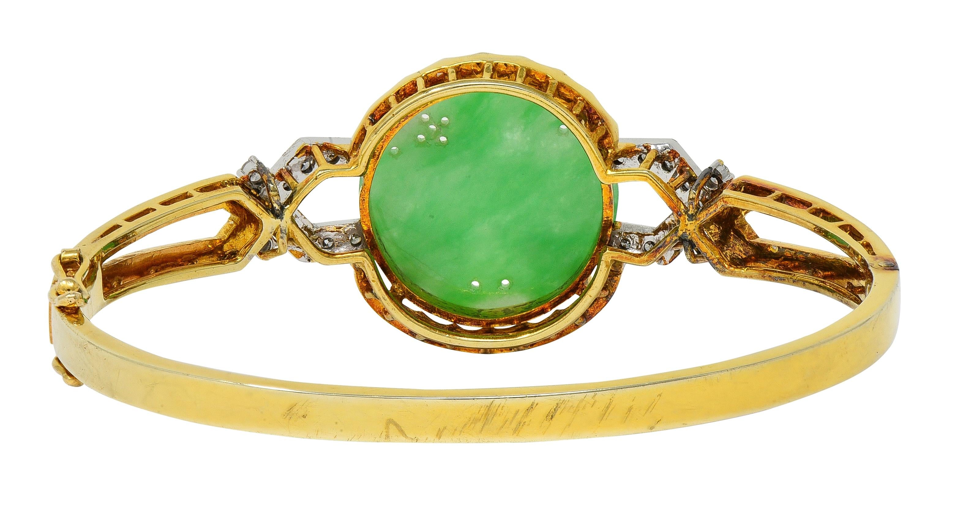 Art Deco Jade Diamond Platinum 14 Karat Yellow Gold Vintage Bird Bangle Bracelet