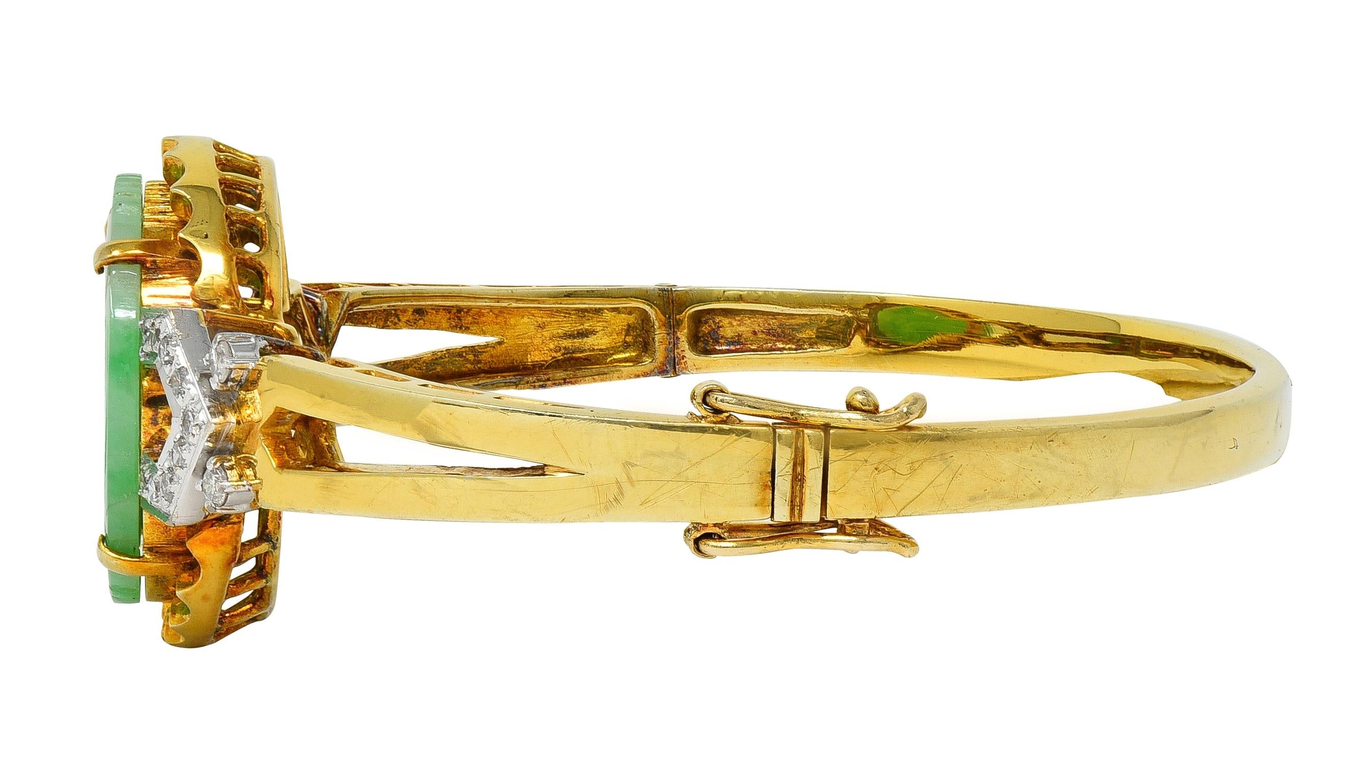 Art Deco Jade Diamond Platinum 14 Karat Yellow Gold Vintage Bird Bangle Bracelet