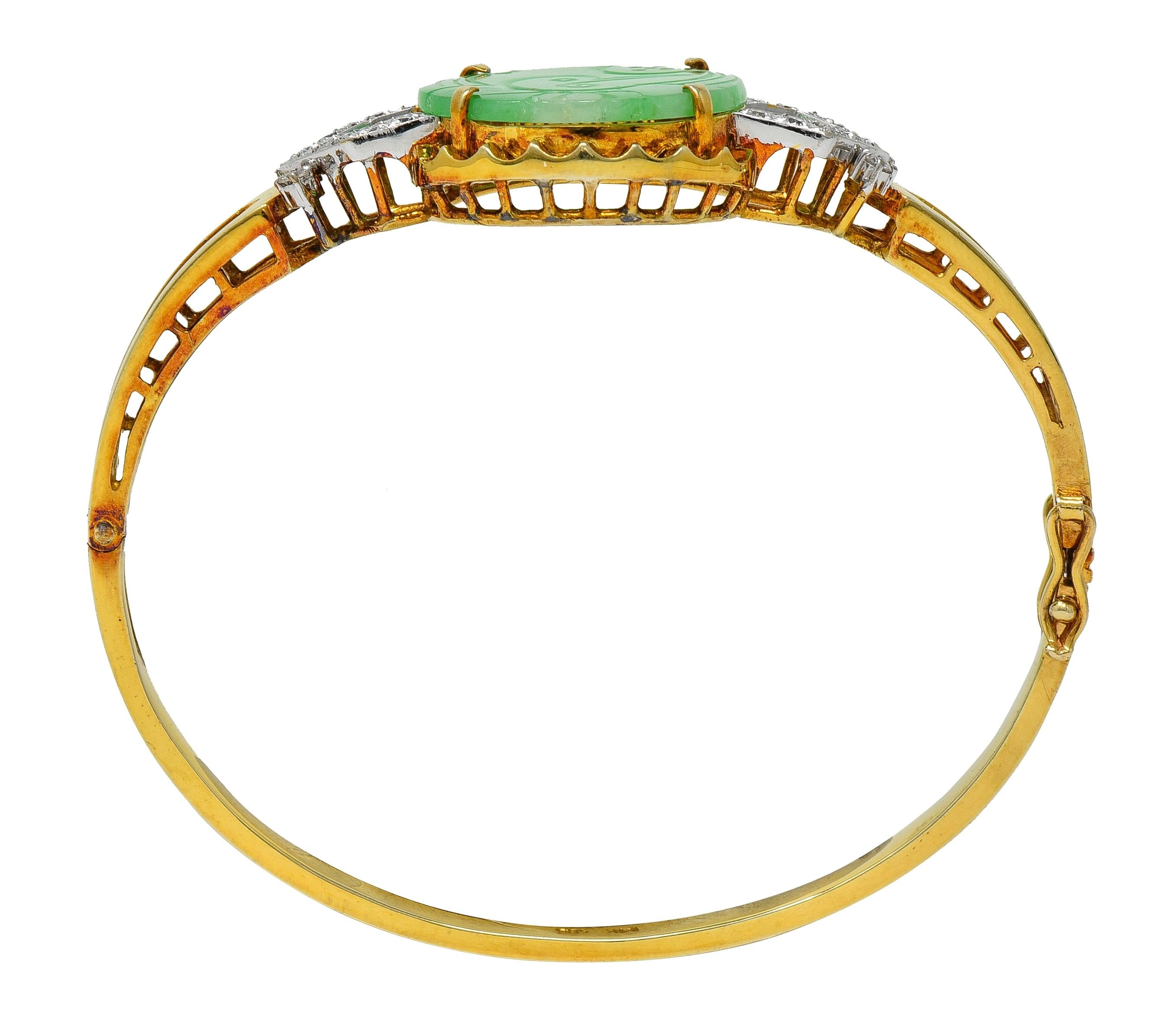 Art Deco Jade Diamond Platinum 14 Karat Yellow Gold Vintage Bird Bangle Bracelet