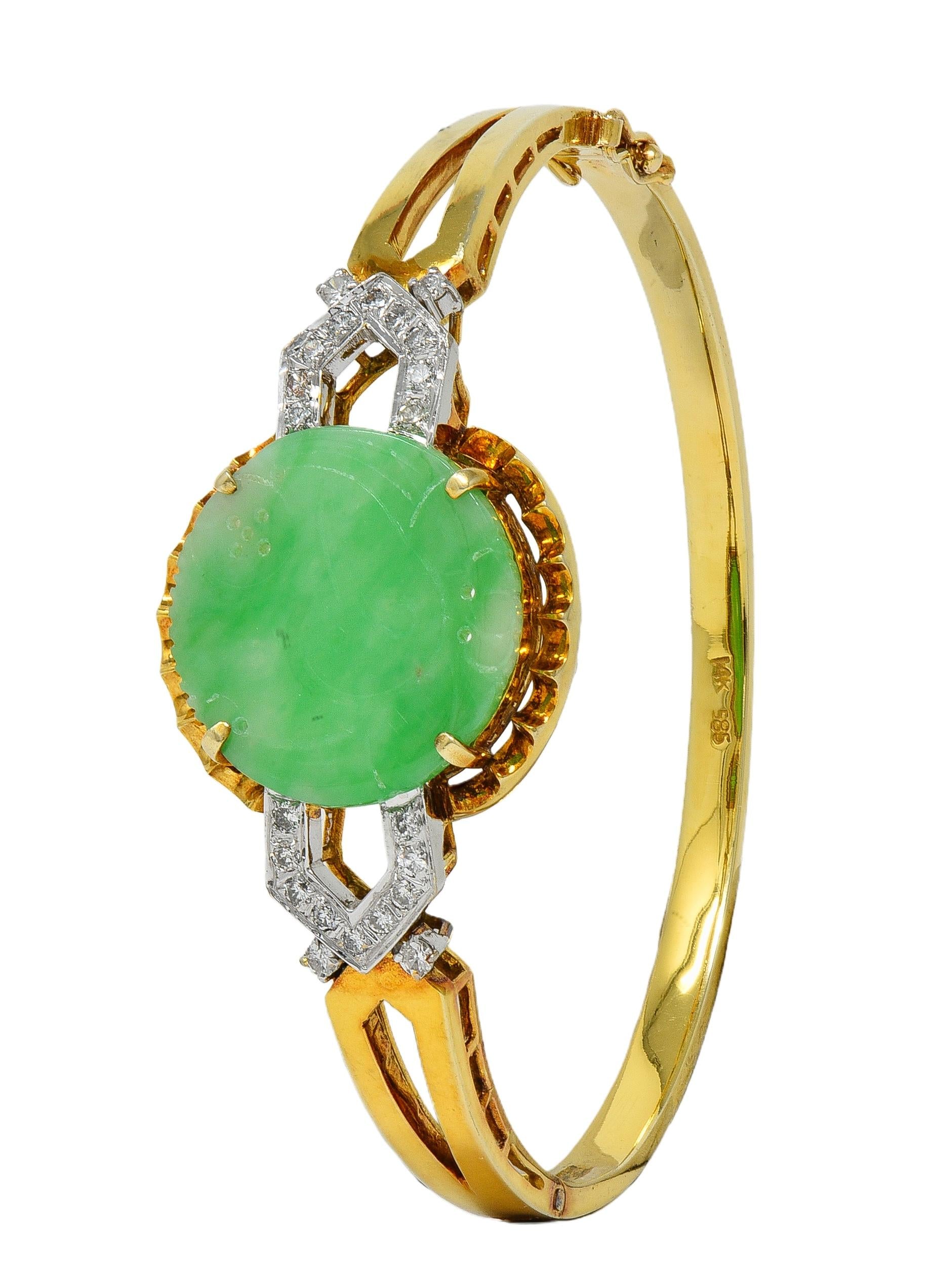 Art Deco Jade Diamond Platinum 14 Karat Yellow Gold Vintage Bird Bangle Bracelet