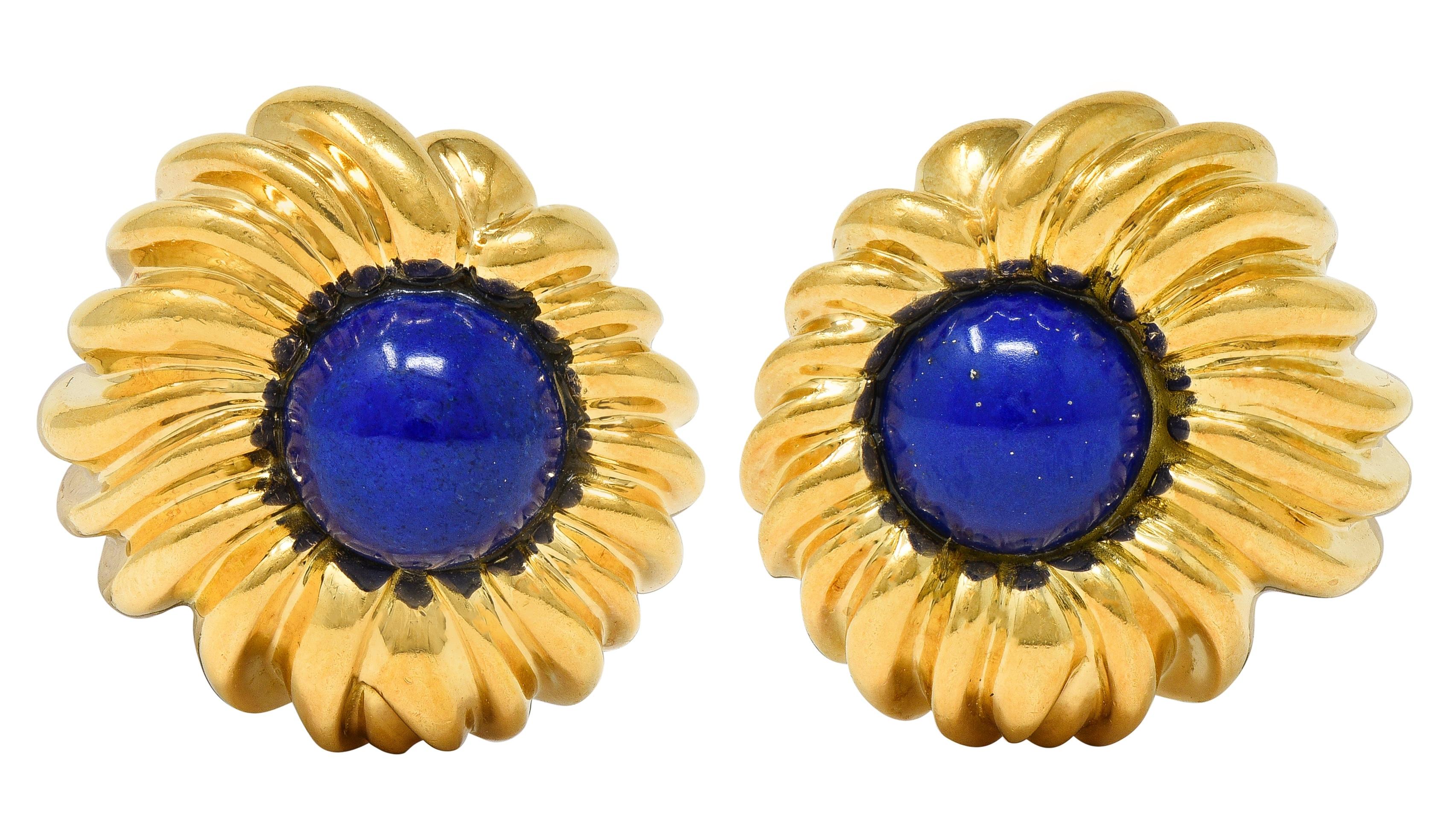 Tiffany & Co. 1960's Lapis Lazuli 18K Gold Vintage Floral Ear-Clip Earrings