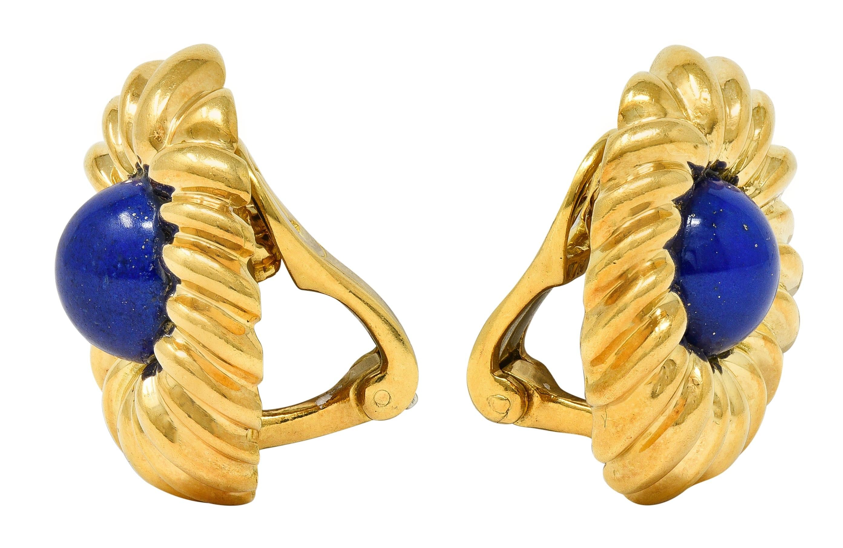 Tiffany & Co. 1960's Lapis Lazuli 18K Gold Vintage Floral Ear-Clip Earrings