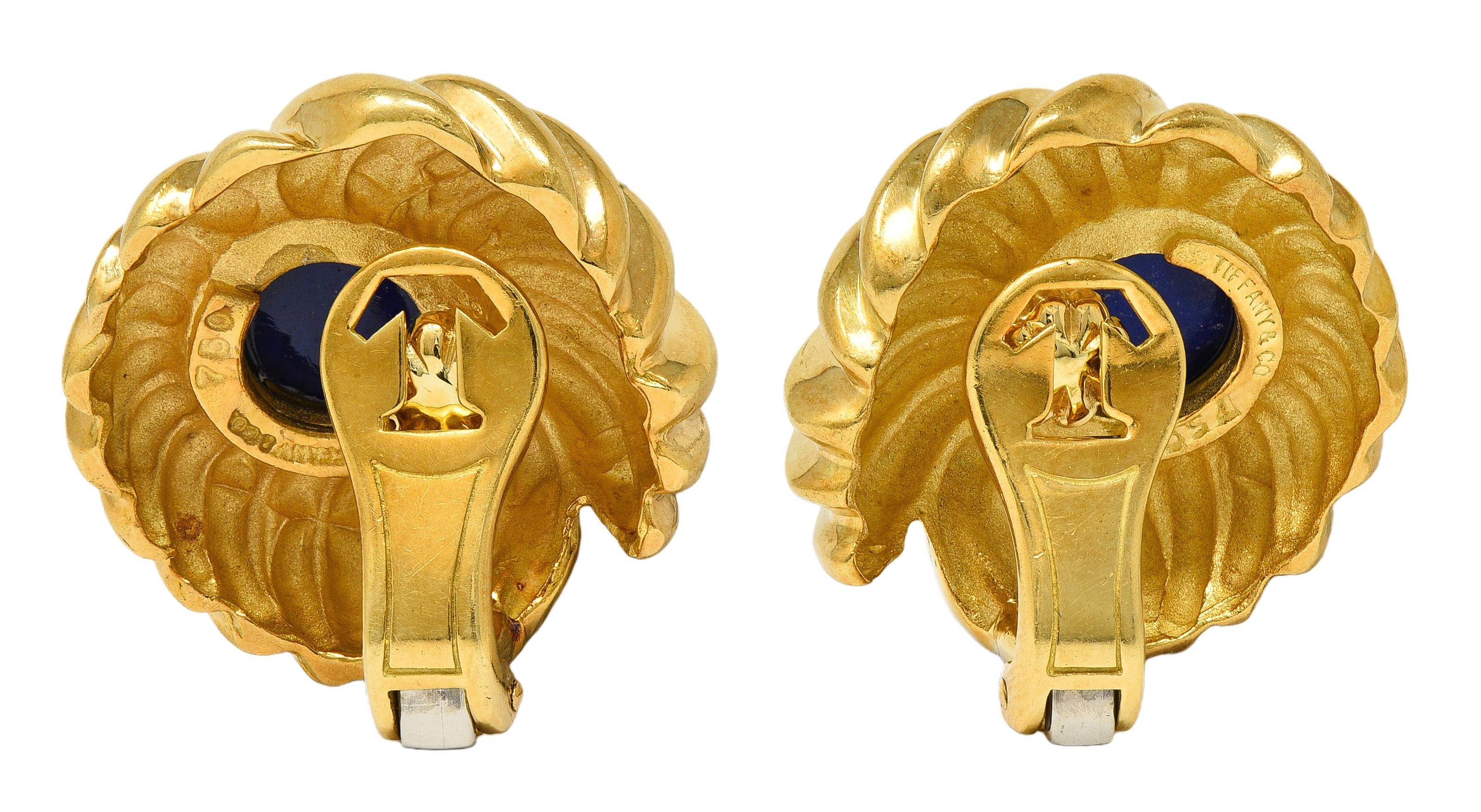 Tiffany & Co. 1960's Lapis Lazuli 18K Gold Vintage Floral Ear-Clip Earrings