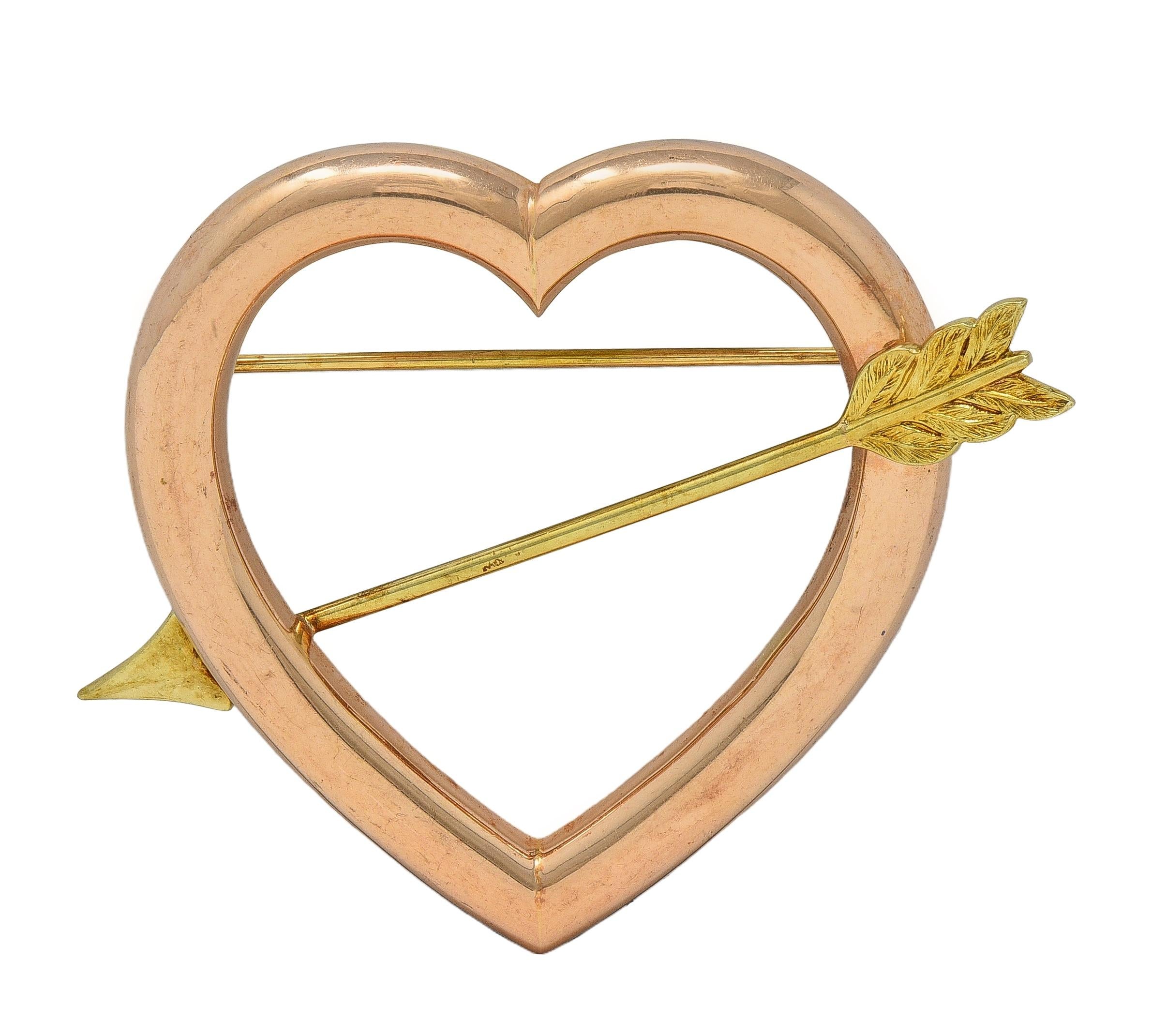 Retro 14 Karat Two-Tone Gold Vintage Heart Arrow Brooch