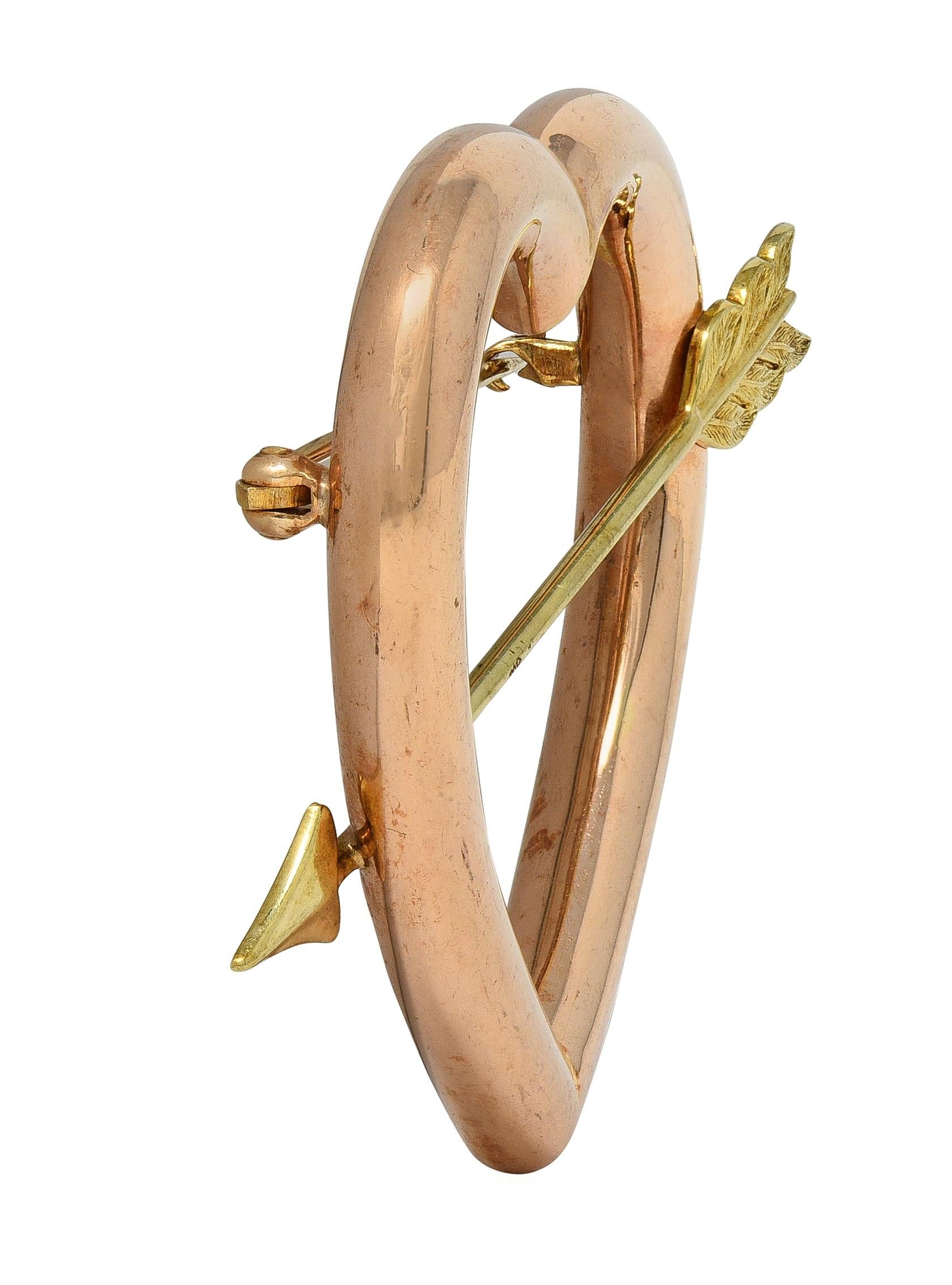 Retro 14 Karat Two-Tone Gold Vintage Heart Arrow Brooch