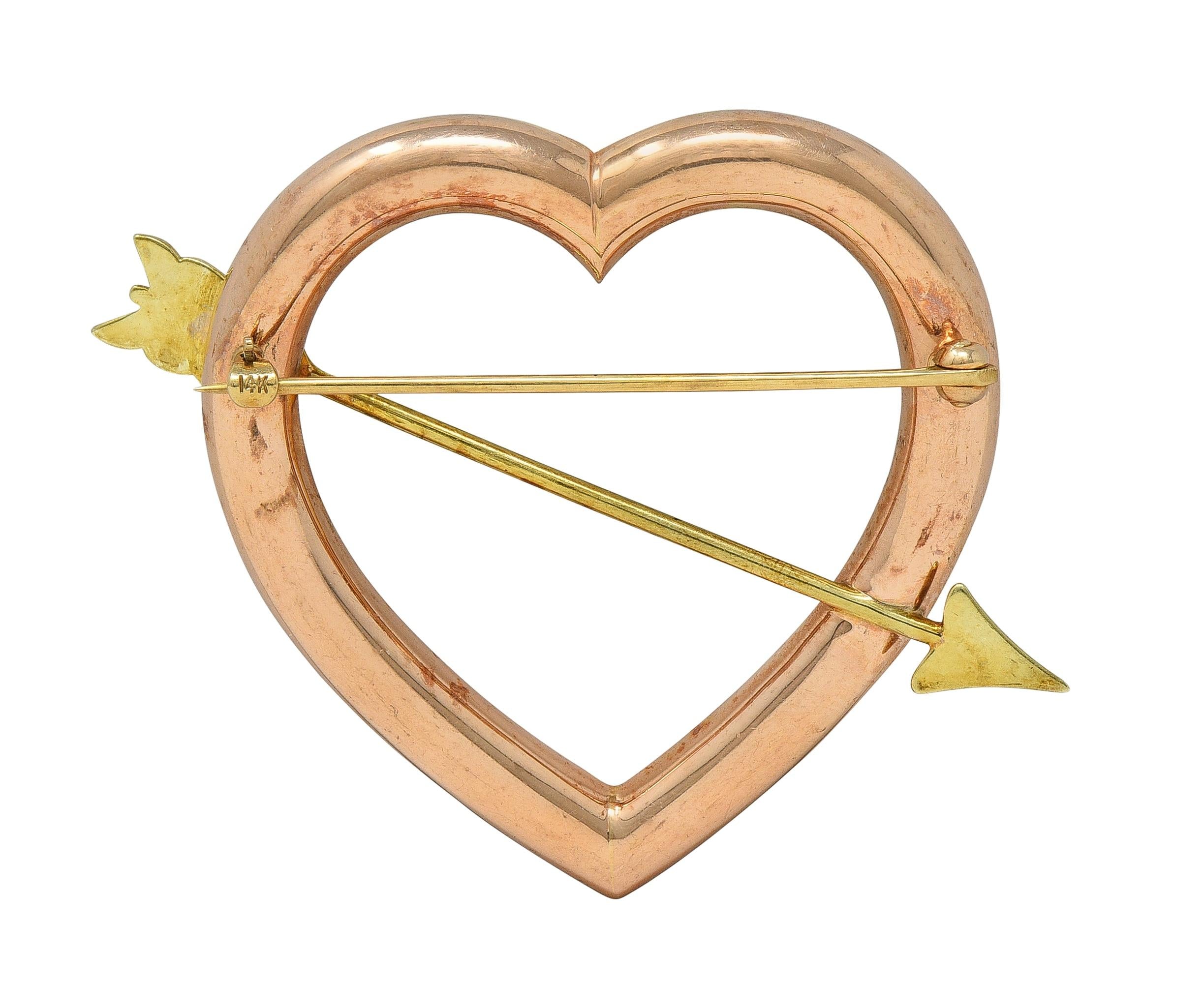 Retro 14 Karat Two-Tone Gold Vintage Heart Arrow Brooch