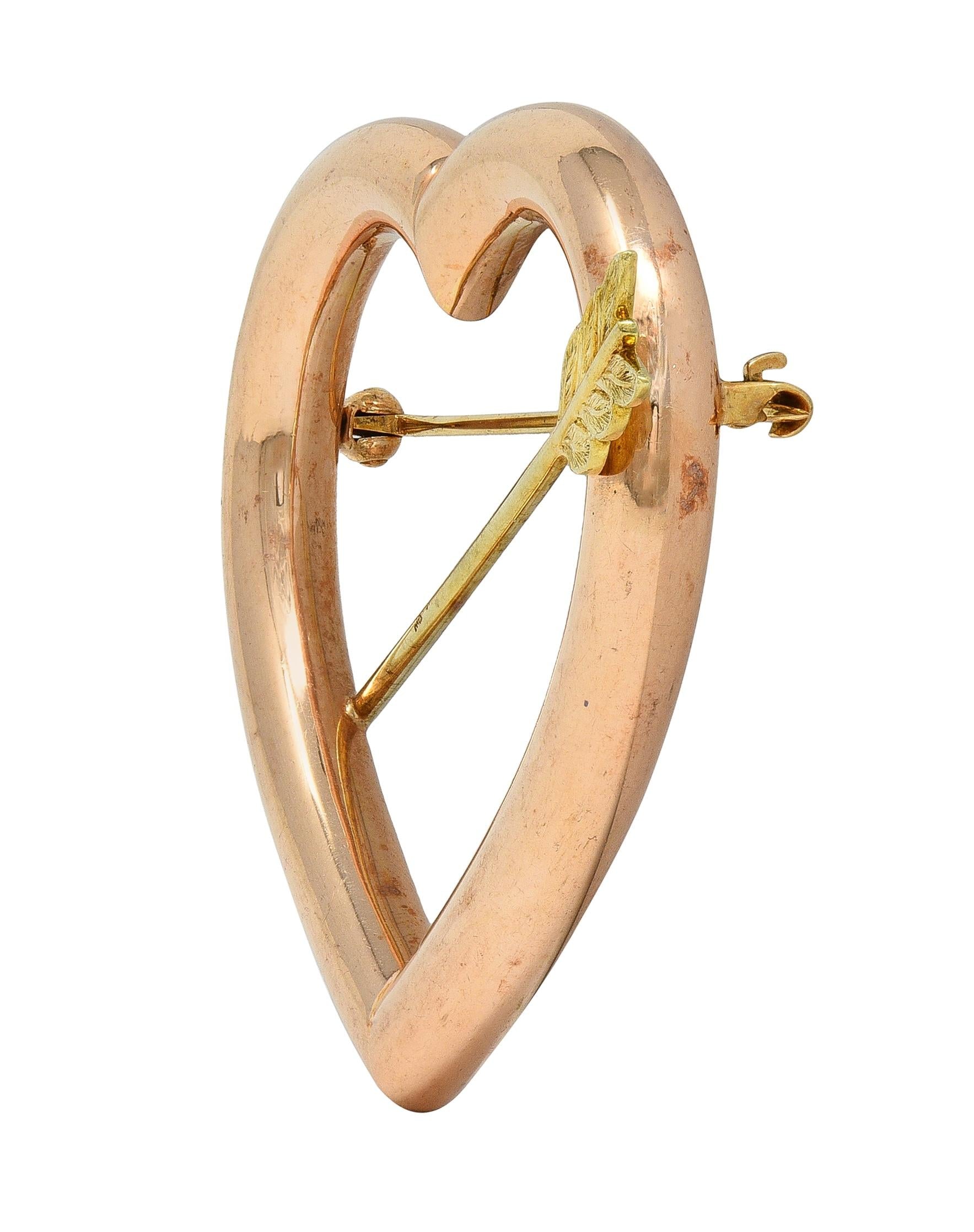Retro 14 Karat Two-Tone Gold Vintage Heart Arrow Brooch