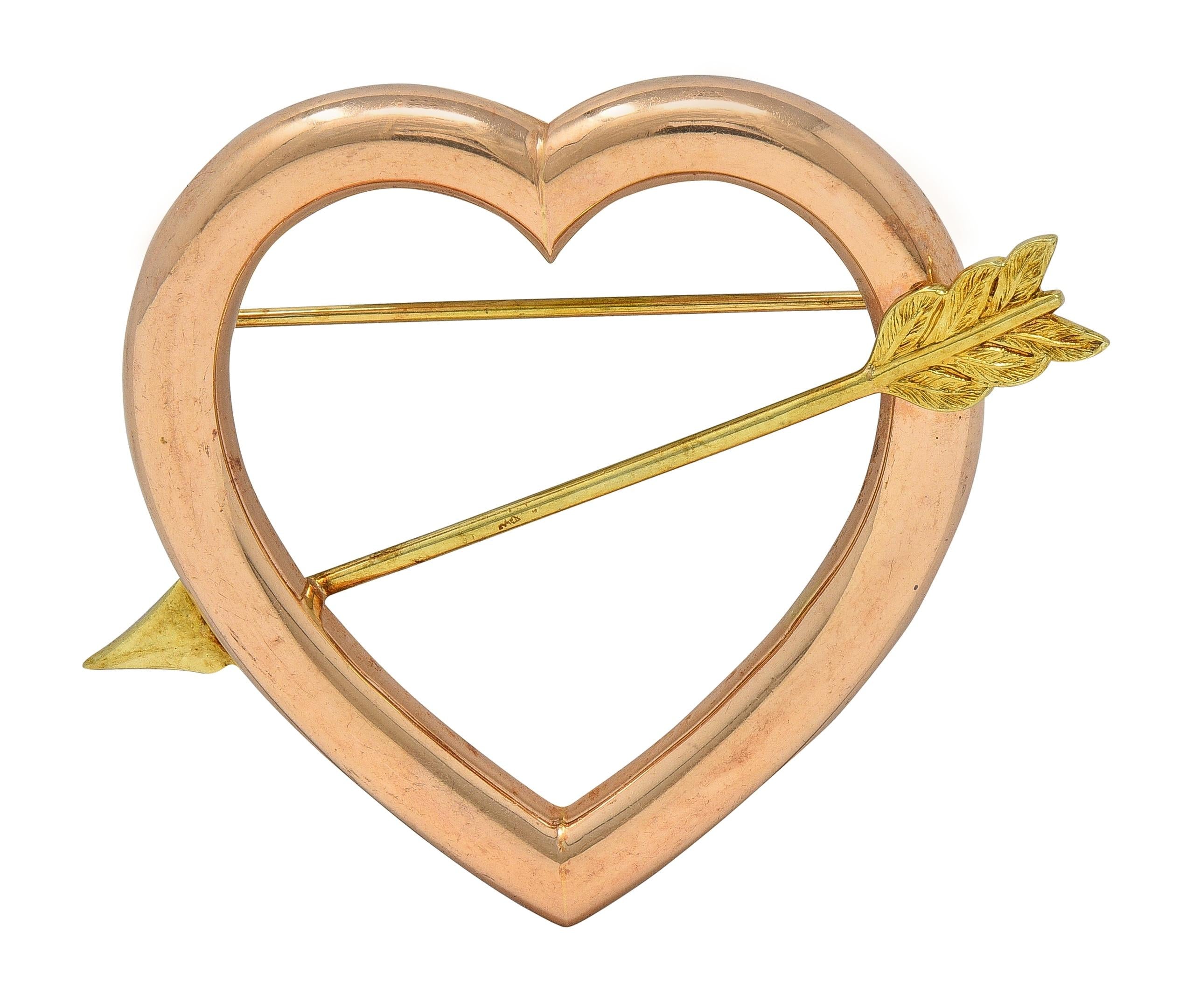 Retro 14 Karat Two-Tone Gold Vintage Heart Arrow Brooch