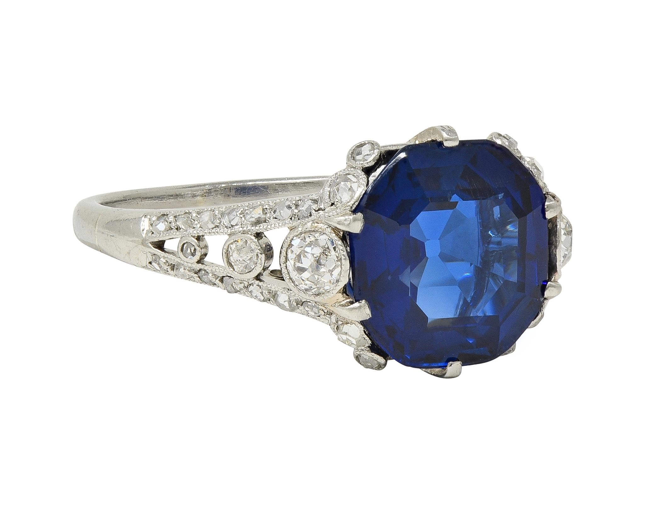 French Art Deco 4.37 CTW No Heat Burma Sapphire Platinum Antique Burmese Ring
