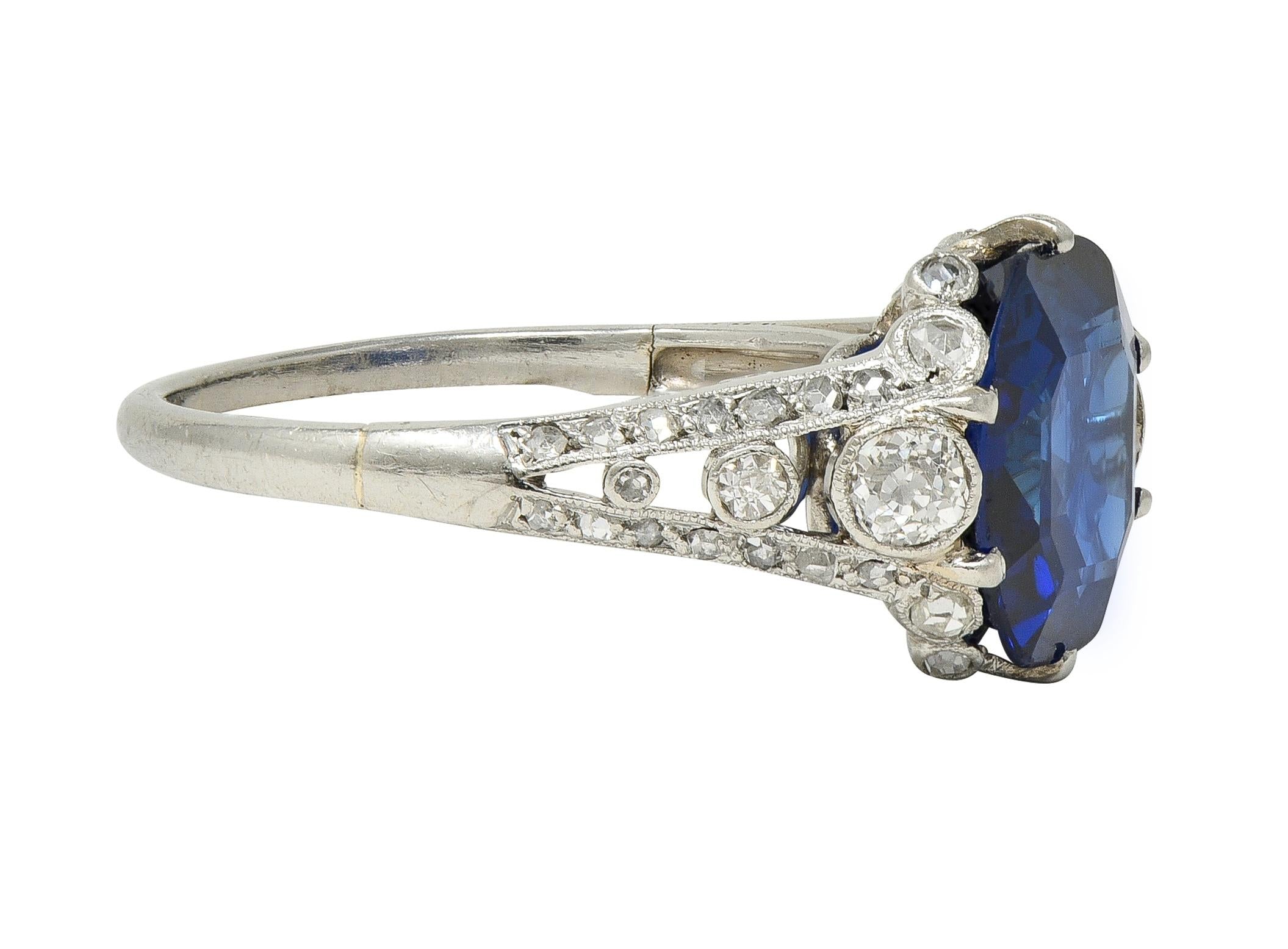 French Art Deco 4.37 CTW No Heat Burma Sapphire Platinum Antique Burmese Ring
