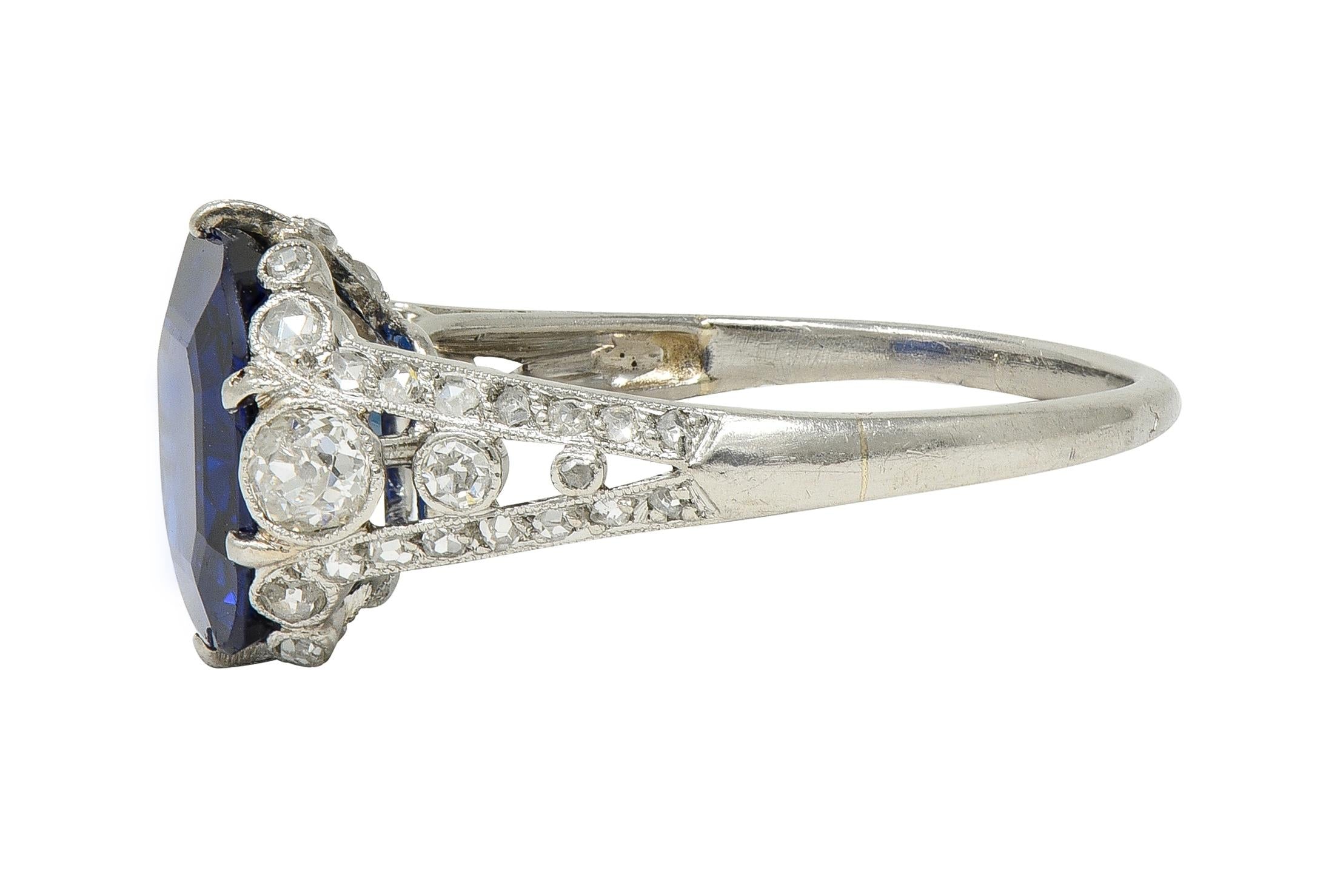 French Art Deco 4.37 CTW No Heat Burma Sapphire Platinum Antique Burmese Ring
