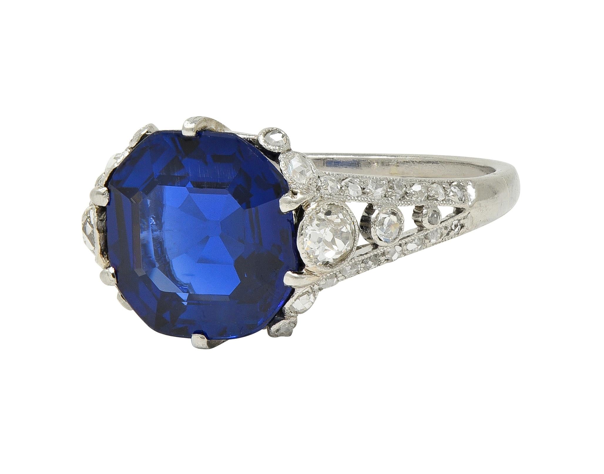 French Art Deco 4.37 CTW No Heat Burma Sapphire Platinum Antique Burmese Ring