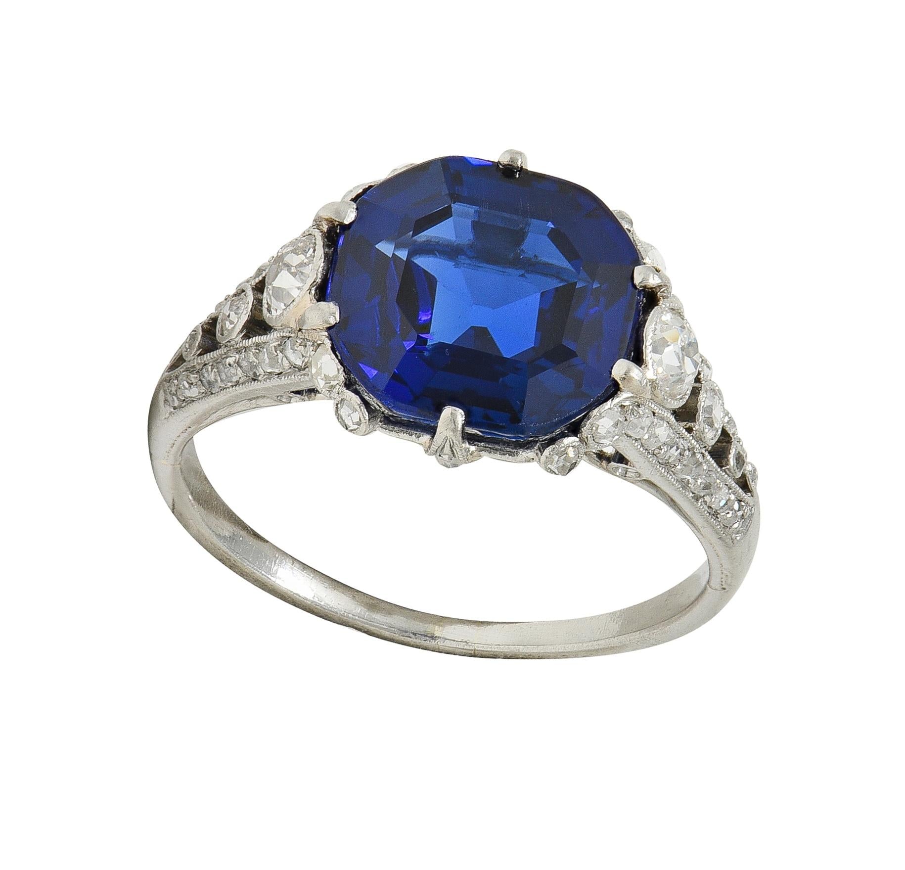 French Art Deco 4.37 CTW No Heat Burma Sapphire Platinum Antique Burmese Ring