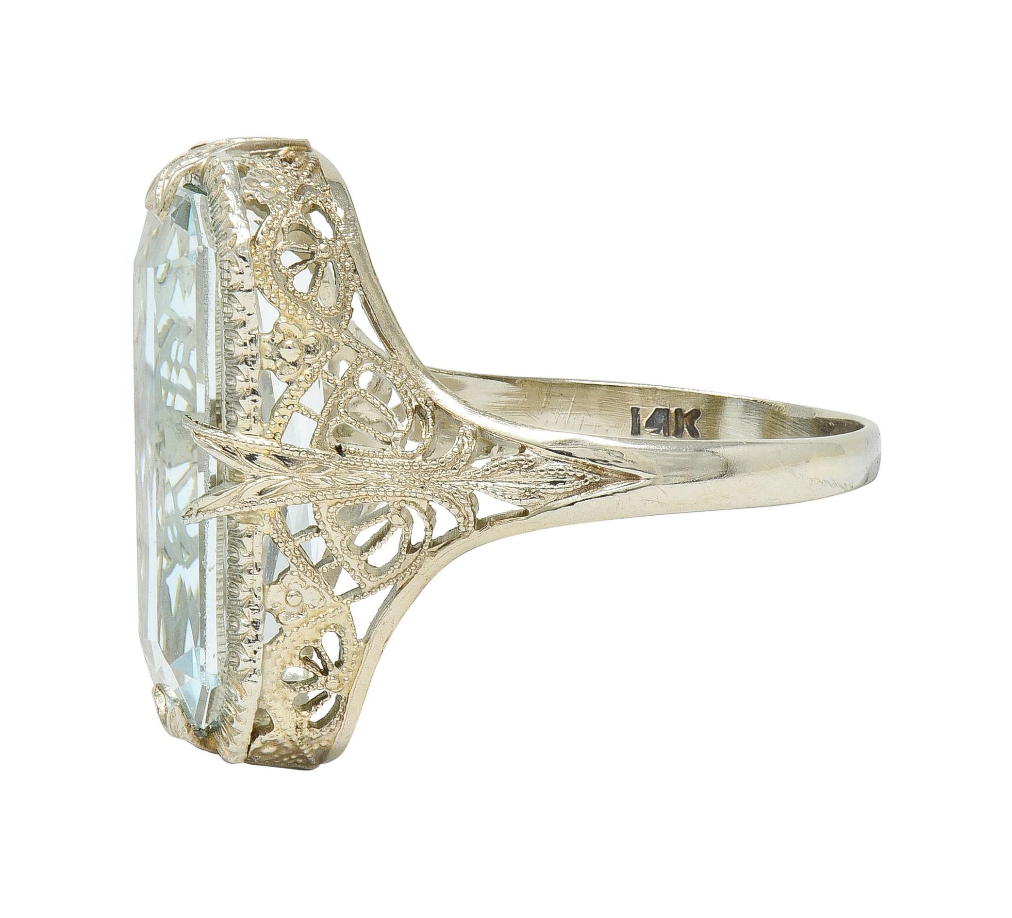 Art Deco 6.74 CTW Aquamarine 14 Karat White Gold Filigree Antique Dinner Ring