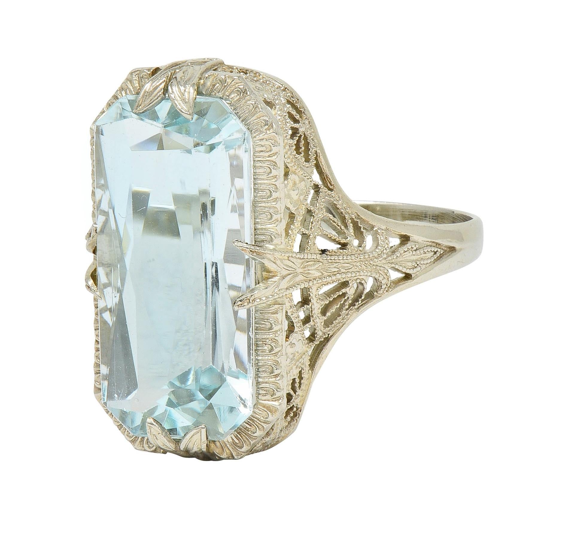 Art Deco 6.74 CTW Aquamarine 14 Karat White Gold Filigree Antique Dinner Ring