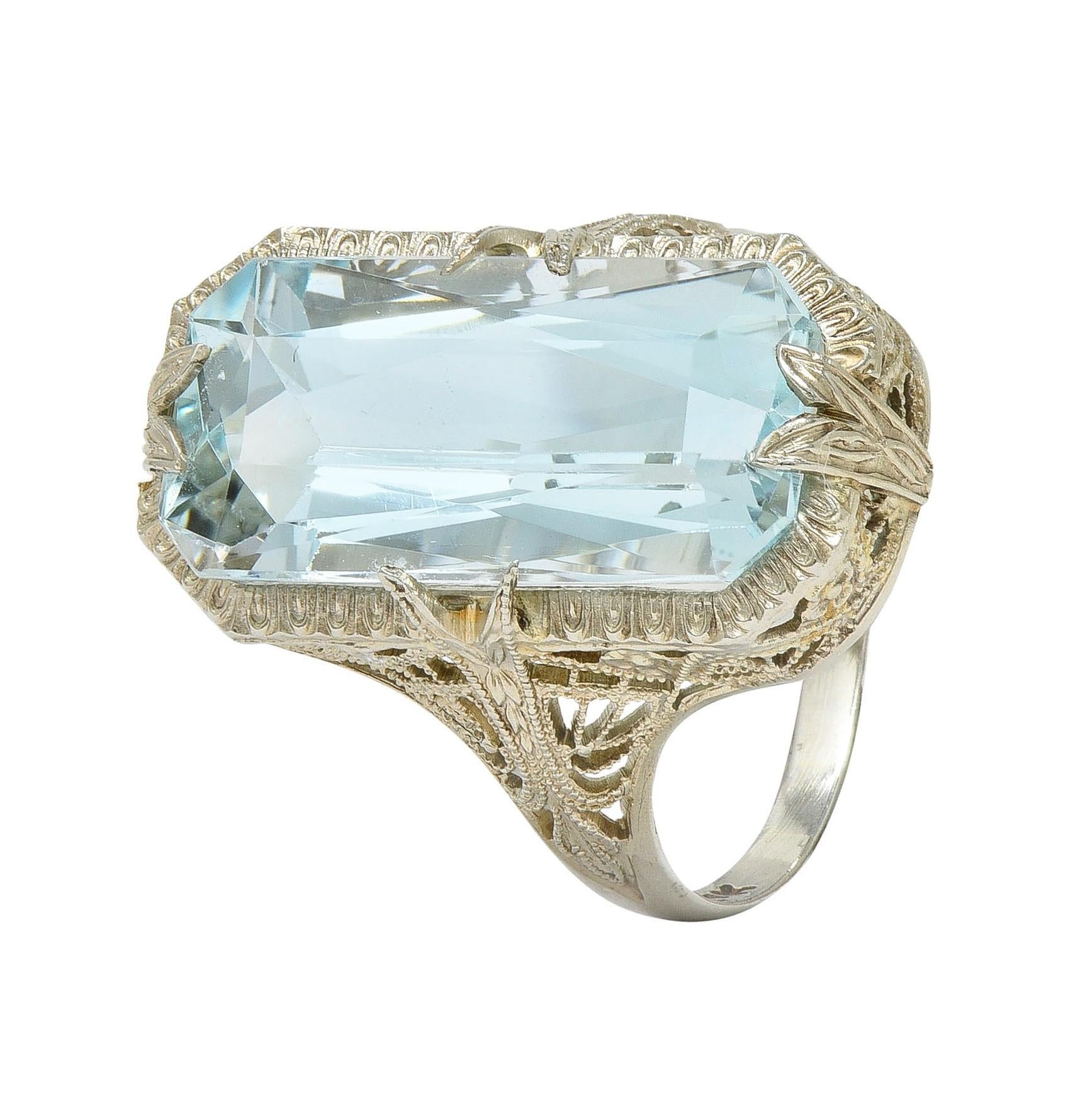Art Deco 6.74 CTW Aquamarine 14 Karat White Gold Filigree Antique Dinner Ring