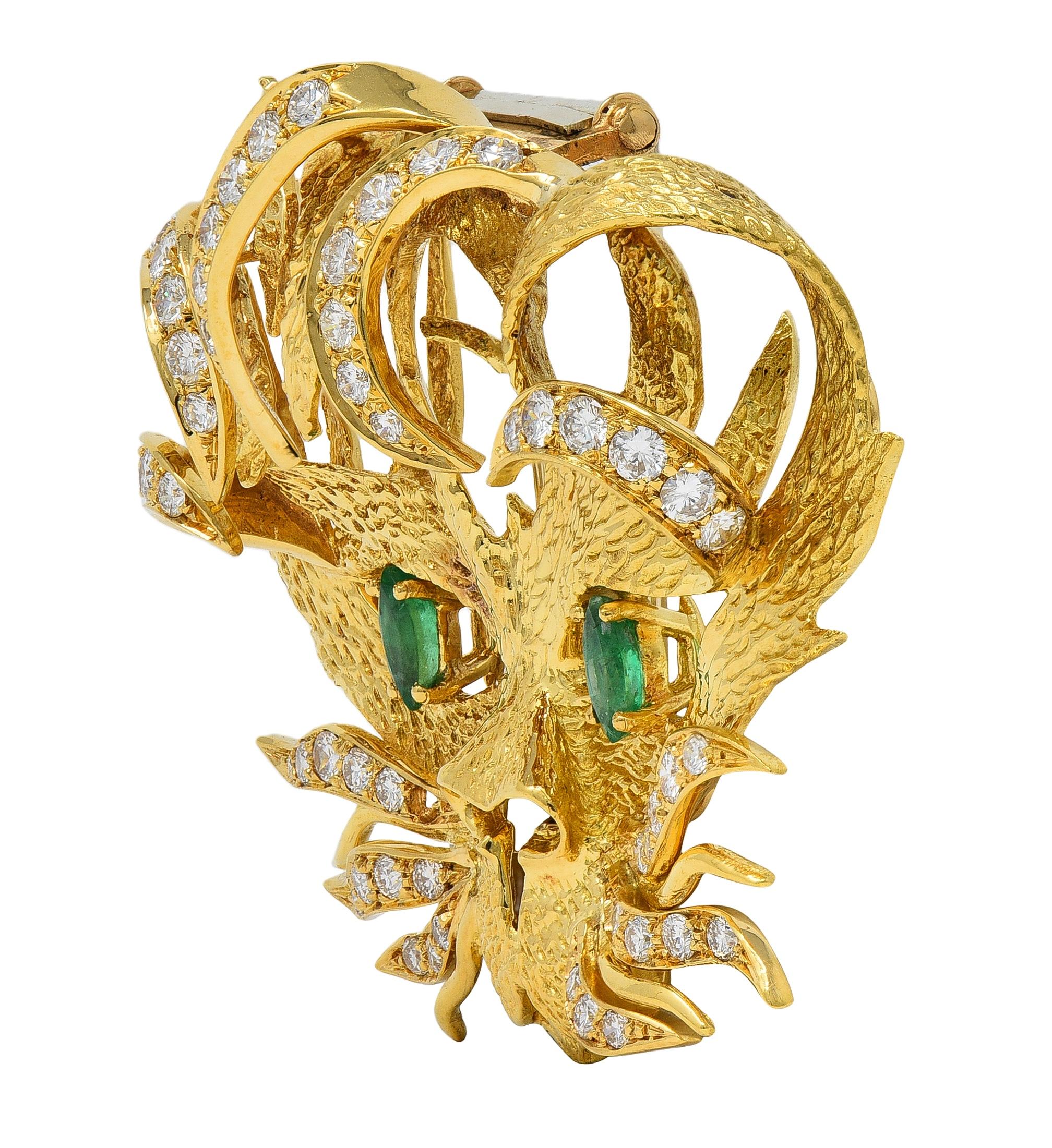 Hermès 1960's Emerald Diamond 18 Karat Yellow Gold Vintage Mistigri Cat Brooch