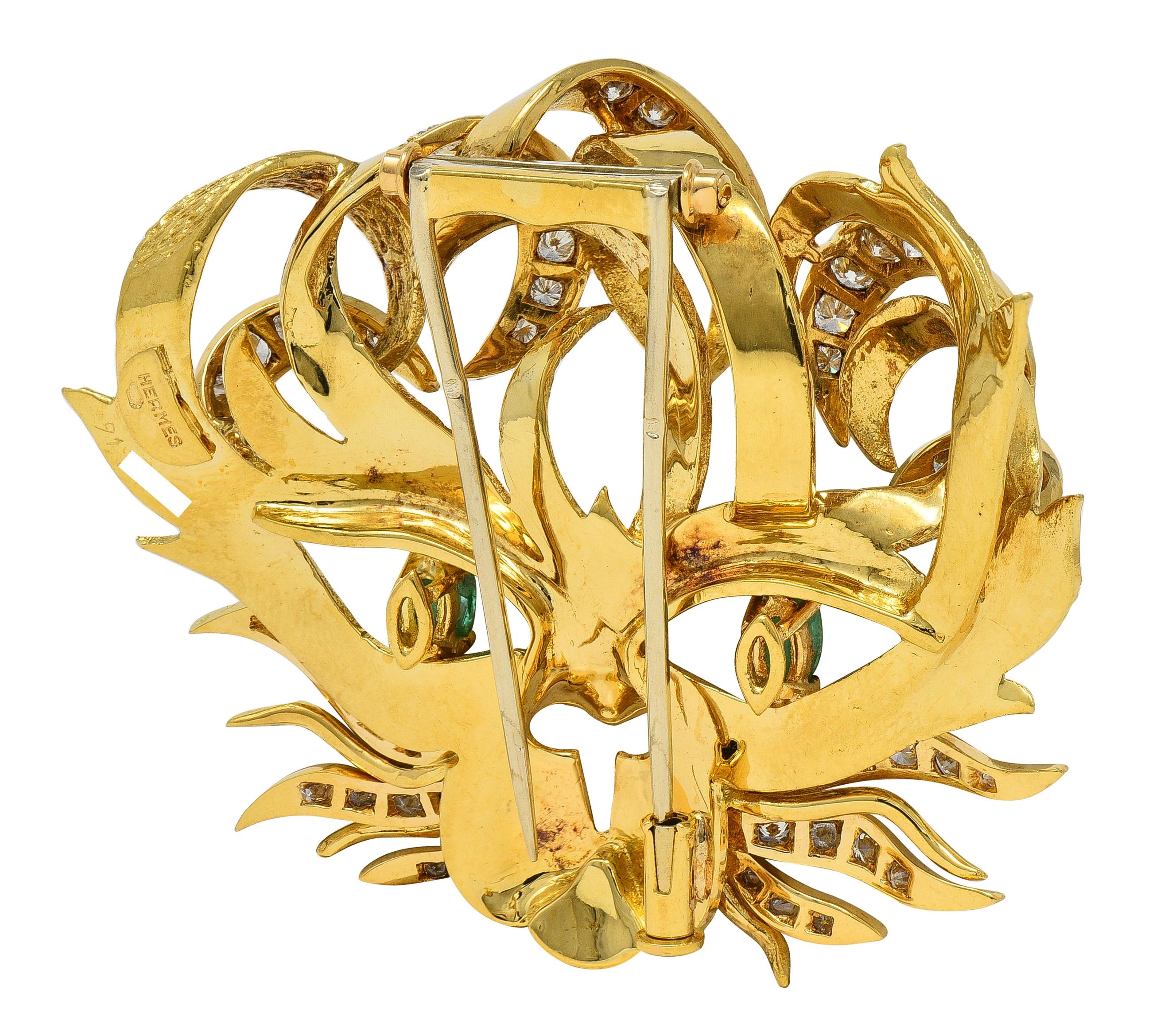Hermès 1960's Emerald Diamond 18 Karat Yellow Gold Vintage Mistigri Cat Brooch