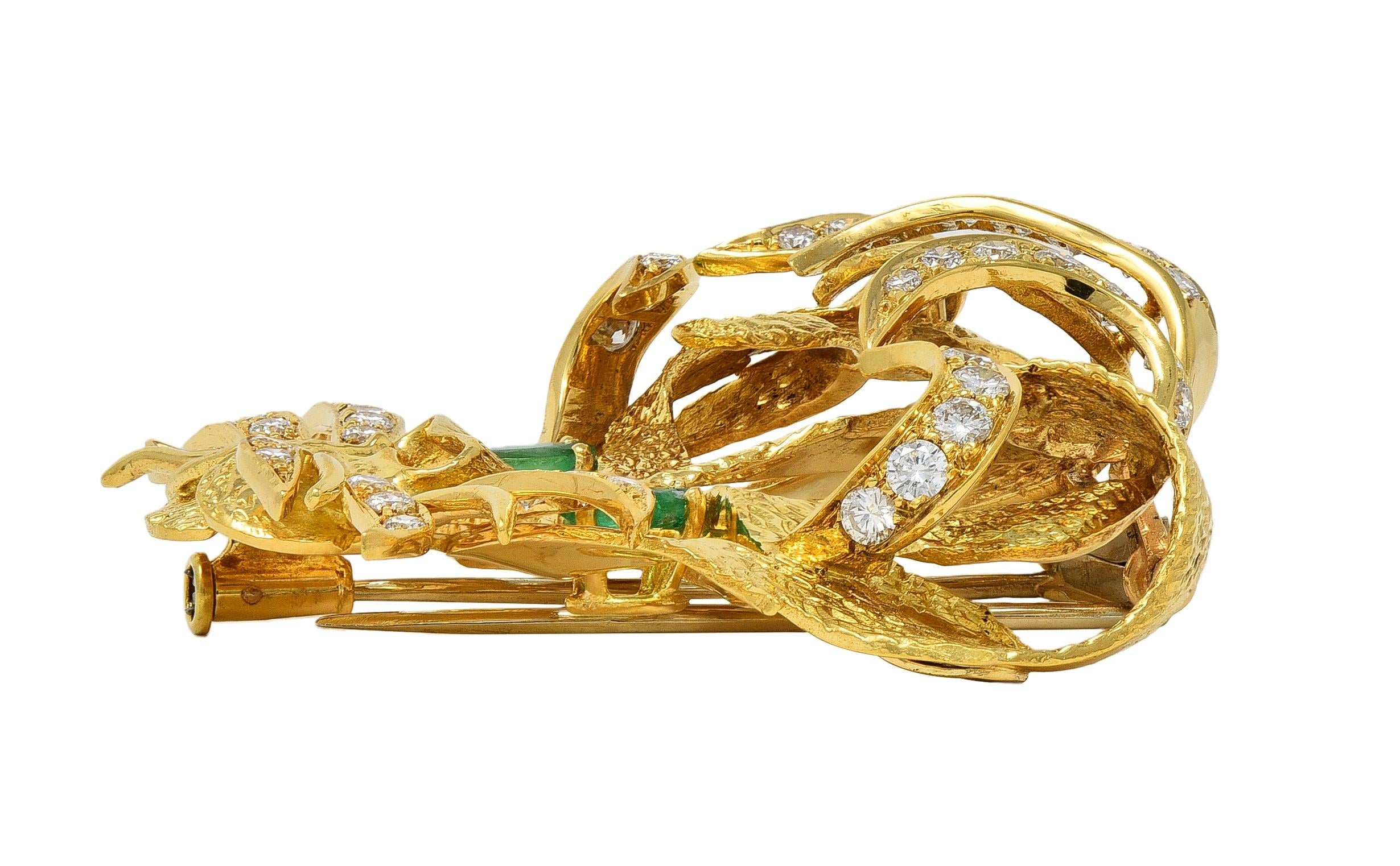 Hermès 1960's Emerald Diamond 18 Karat Yellow Gold Vintage Mistigri Cat Brooch
