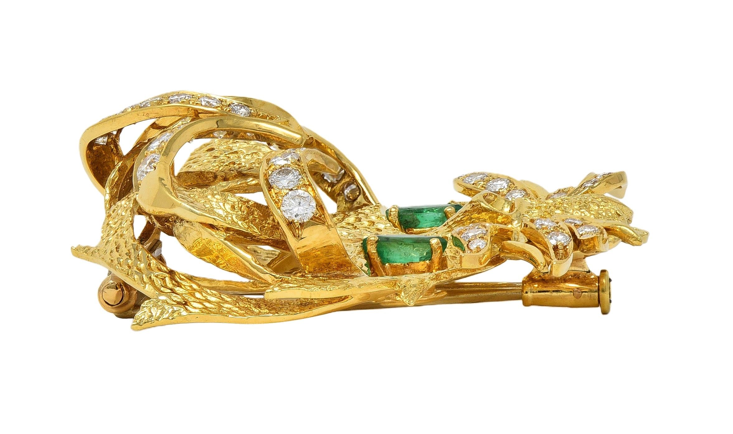 Hermès 1960's Emerald Diamond 18 Karat Yellow Gold Vintage Mistigri Cat Brooch