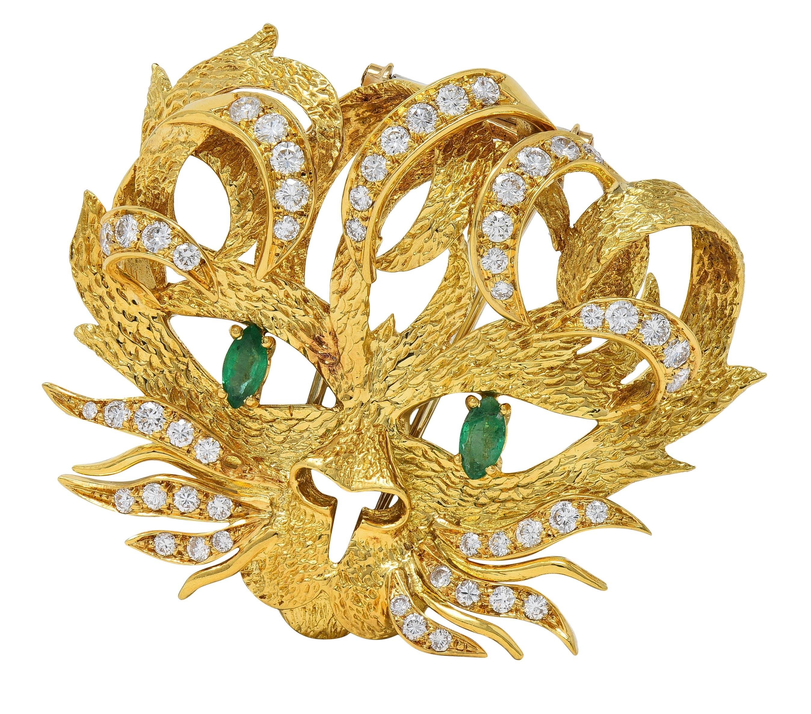 Hermès 1960's Emerald Diamond 18 Karat Yellow Gold Vintage Mistigri Cat Brooch
