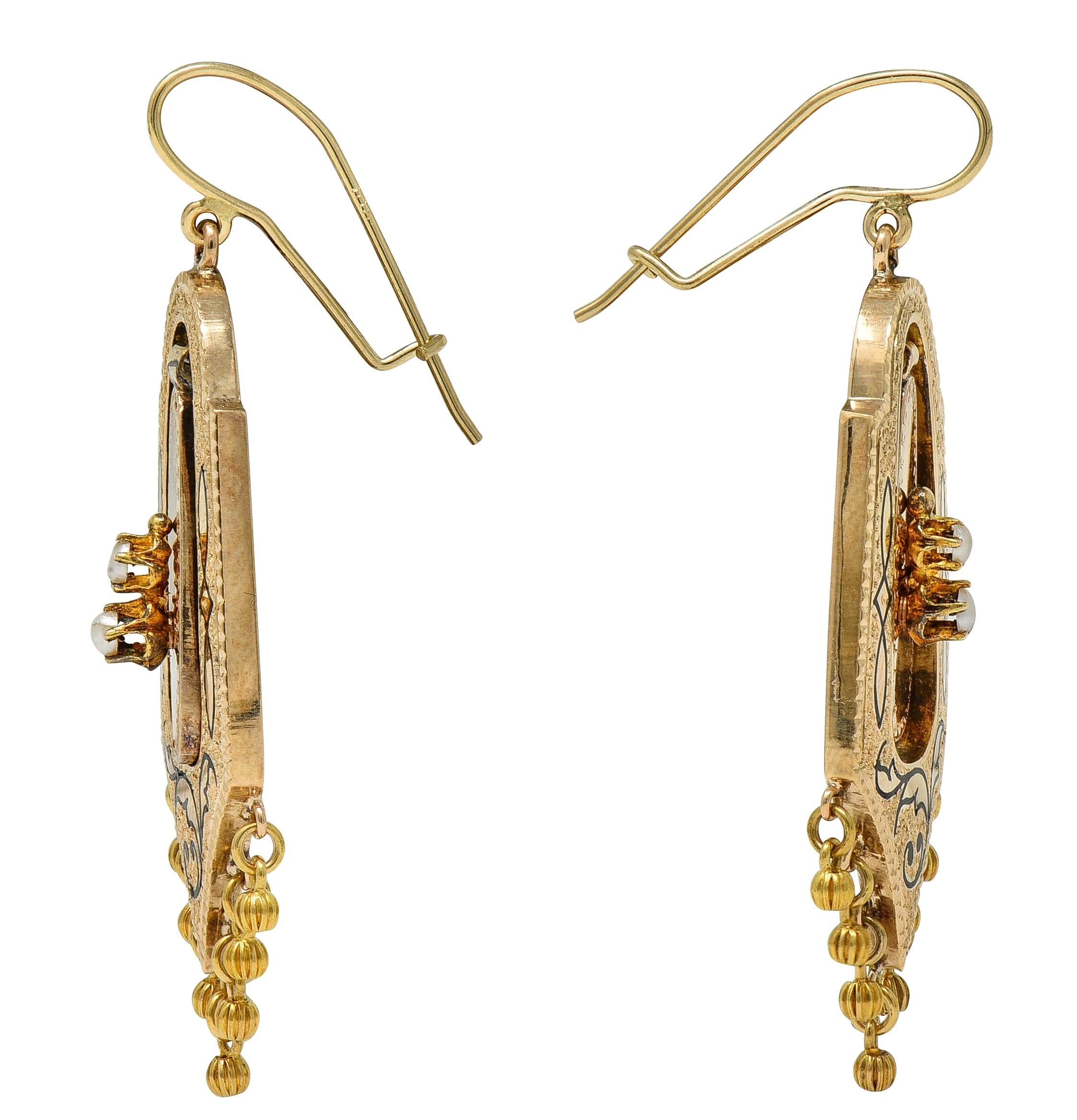 Victorian Etruscan Revival Enamel Pearl 14K Gold Antique Foliate Drop Earrings