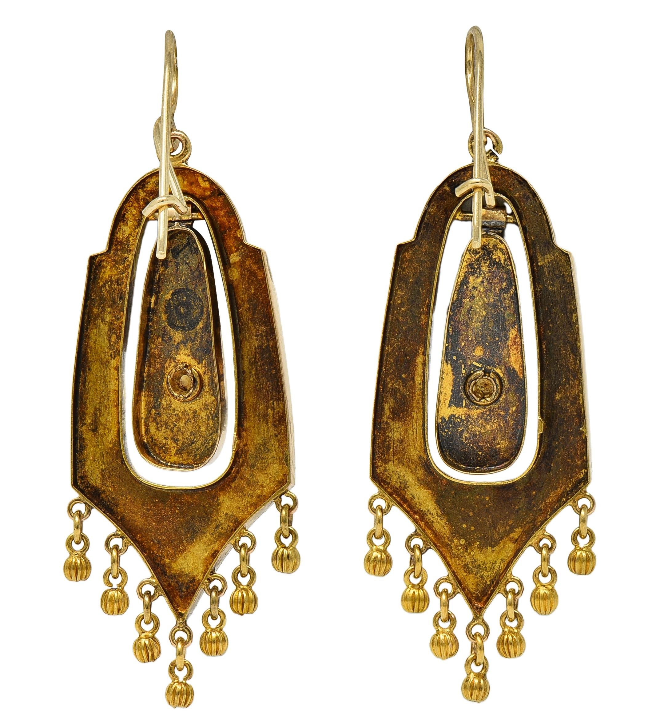 Victorian Etruscan Revival Enamel Pearl 14K Gold Antique Foliate Drop Earrings