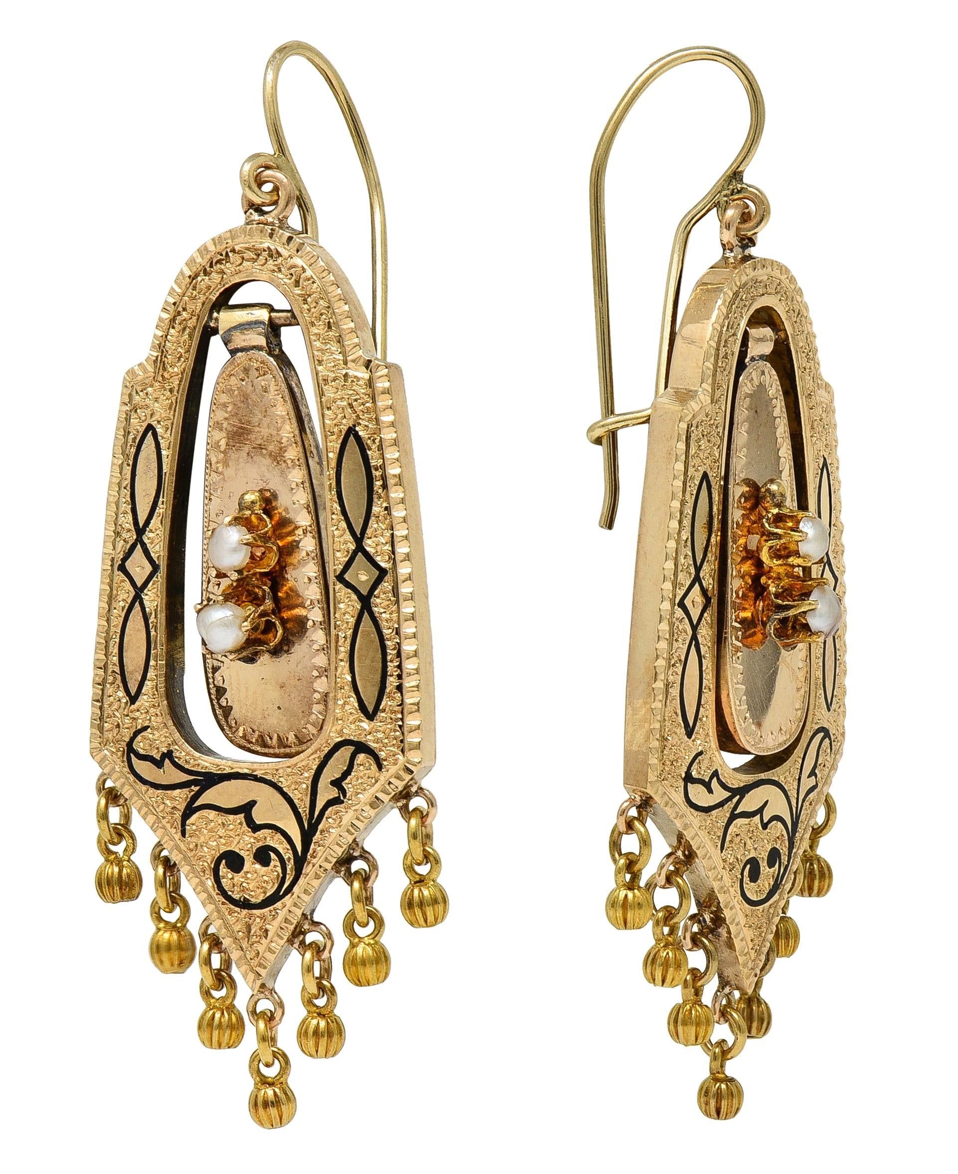Victorian Etruscan Revival Enamel Pearl 14K Gold Antique Foliate Drop Earrings