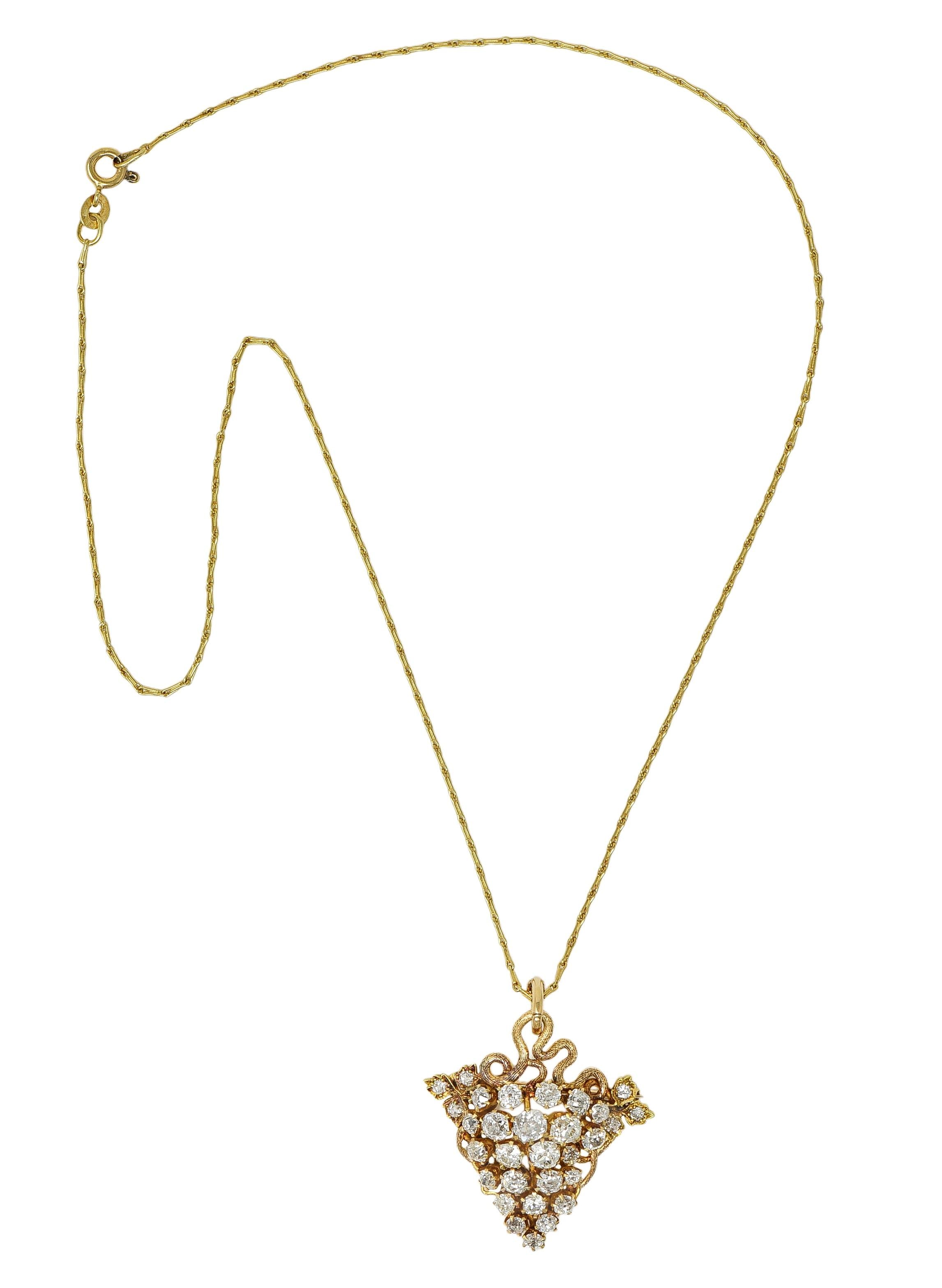 Victorian 3.00 CTW Diamond 14 Karat Gold Antique Grape Brooch Pendant Necklace