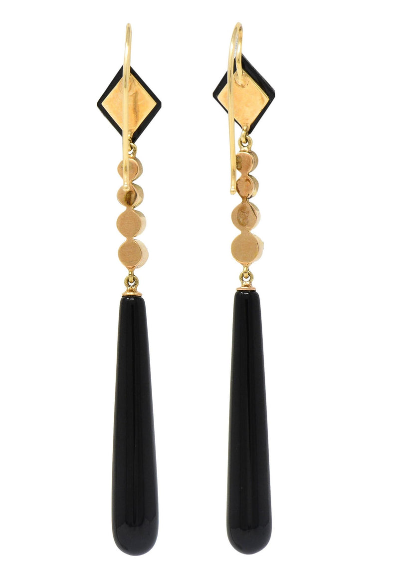 Victorian Onyx Moonstone 18 Karat Yellow Gold Antique Drop Earrings