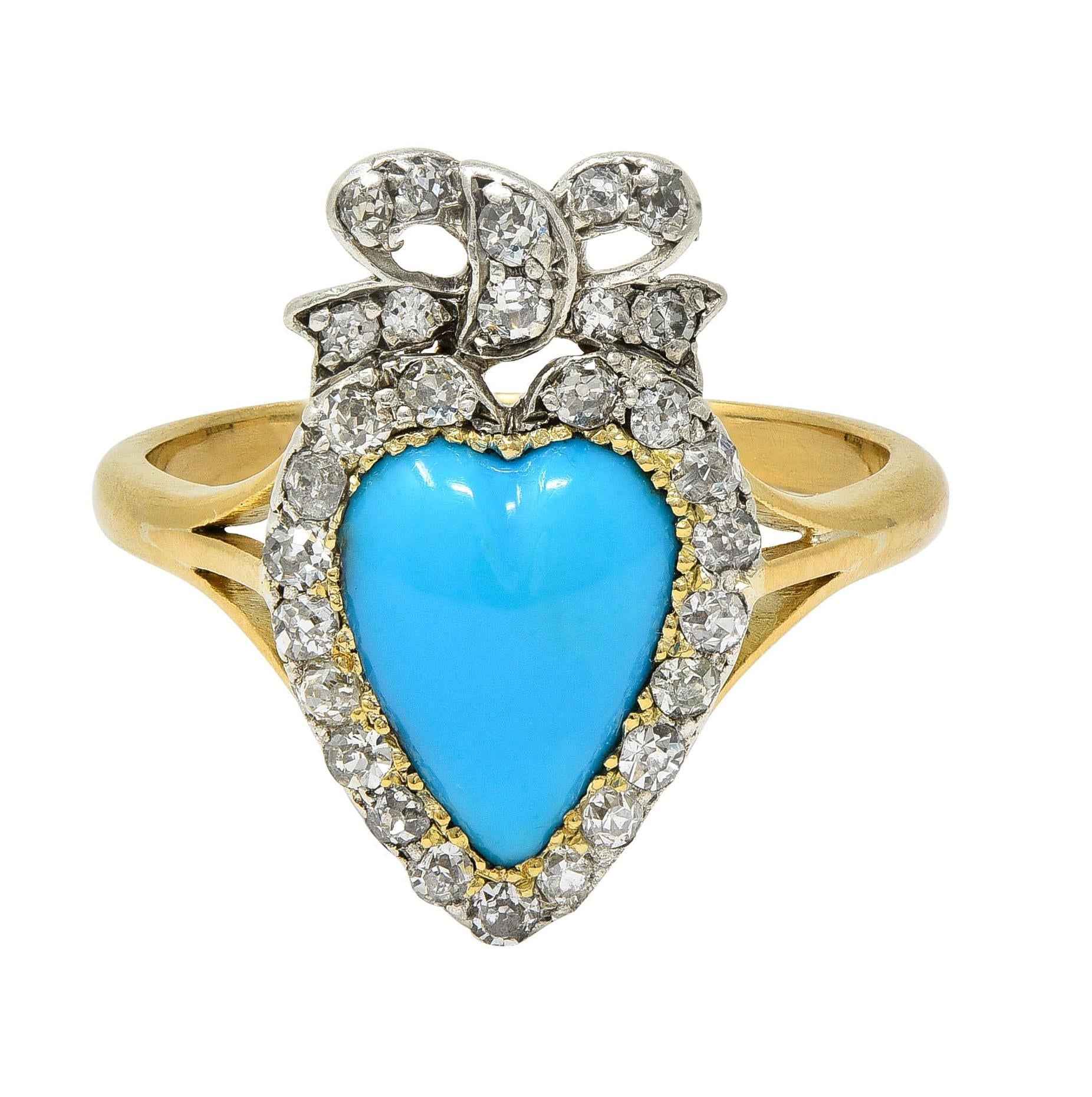 Victorian Turquoise Cabochon Diamond 18 Karat Yellow Gold Antique Heart Bow Ring