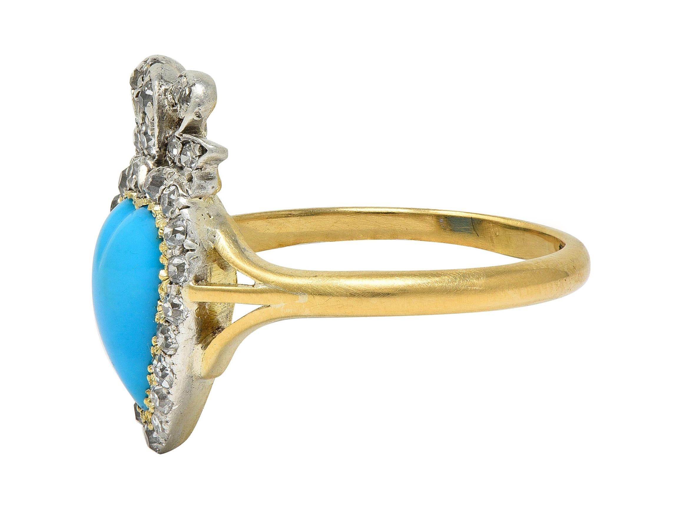Victorian Turquoise Cabochon Diamond 18 Karat Yellow Gold Antique Heart Bow Ring