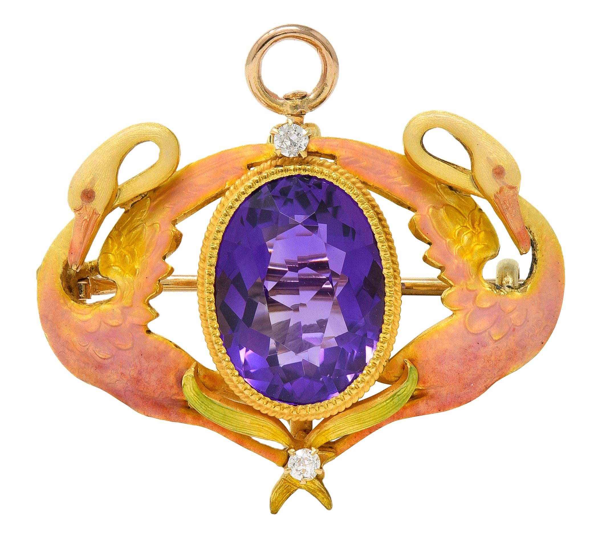Art Nouveau Diamond Amethyst Enamel 18K Yellow Gold Antique Swan Pendant Brooch