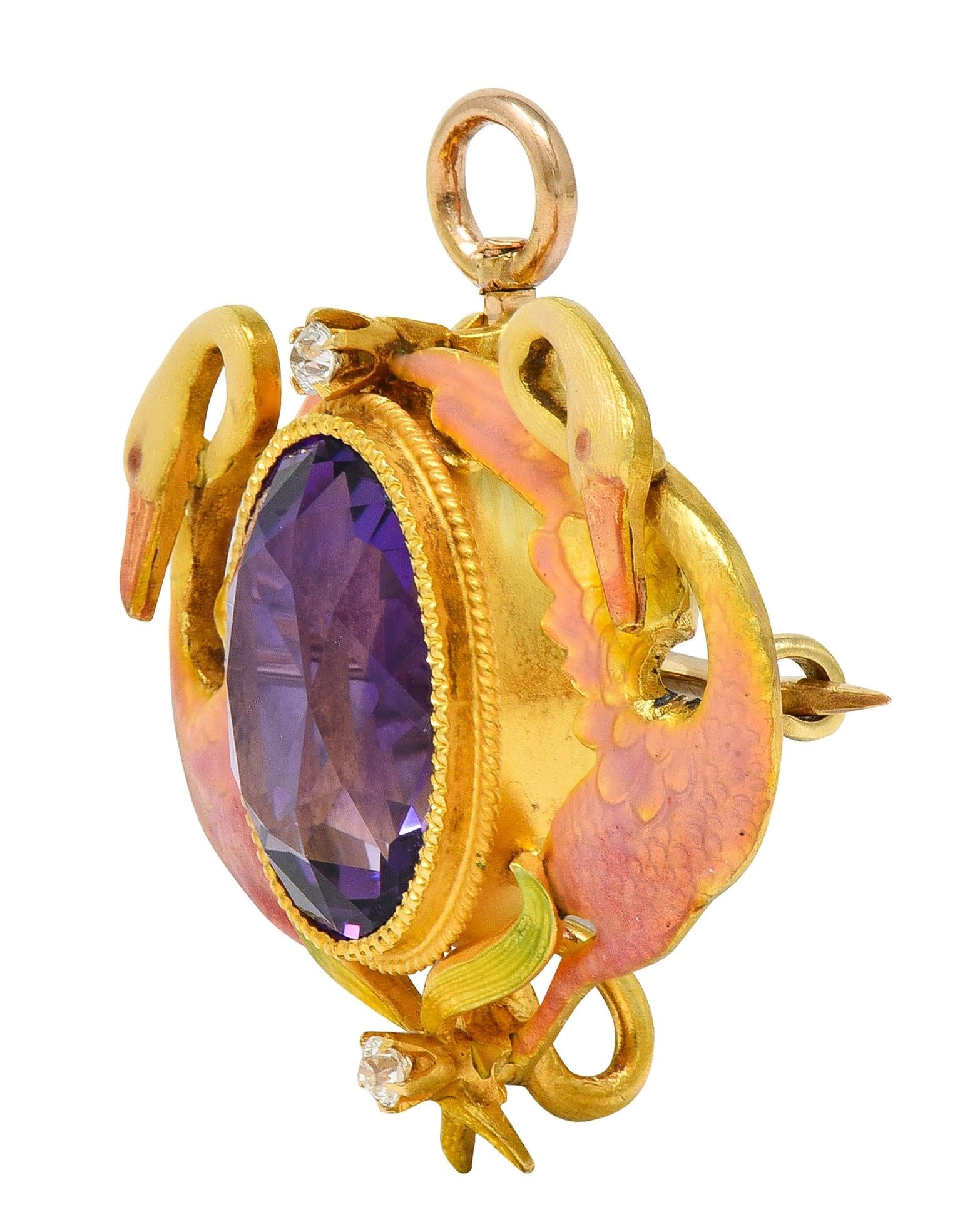 Art Nouveau Diamond Amethyst Enamel 18K Yellow Gold Antique Swan Pendant Brooch