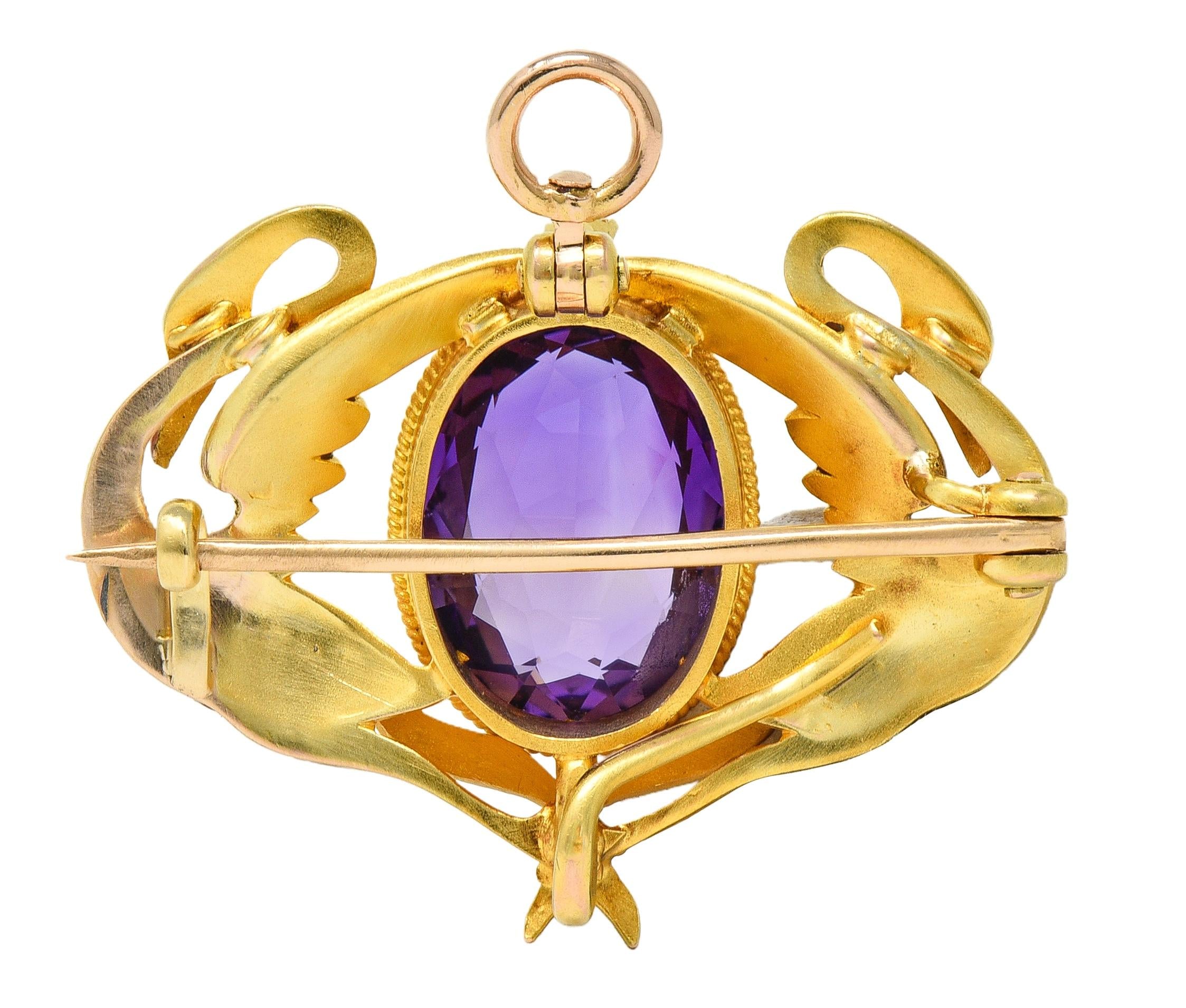 Art Nouveau Diamond Amethyst Enamel 18K Yellow Gold Antique Swan Pendant Brooch