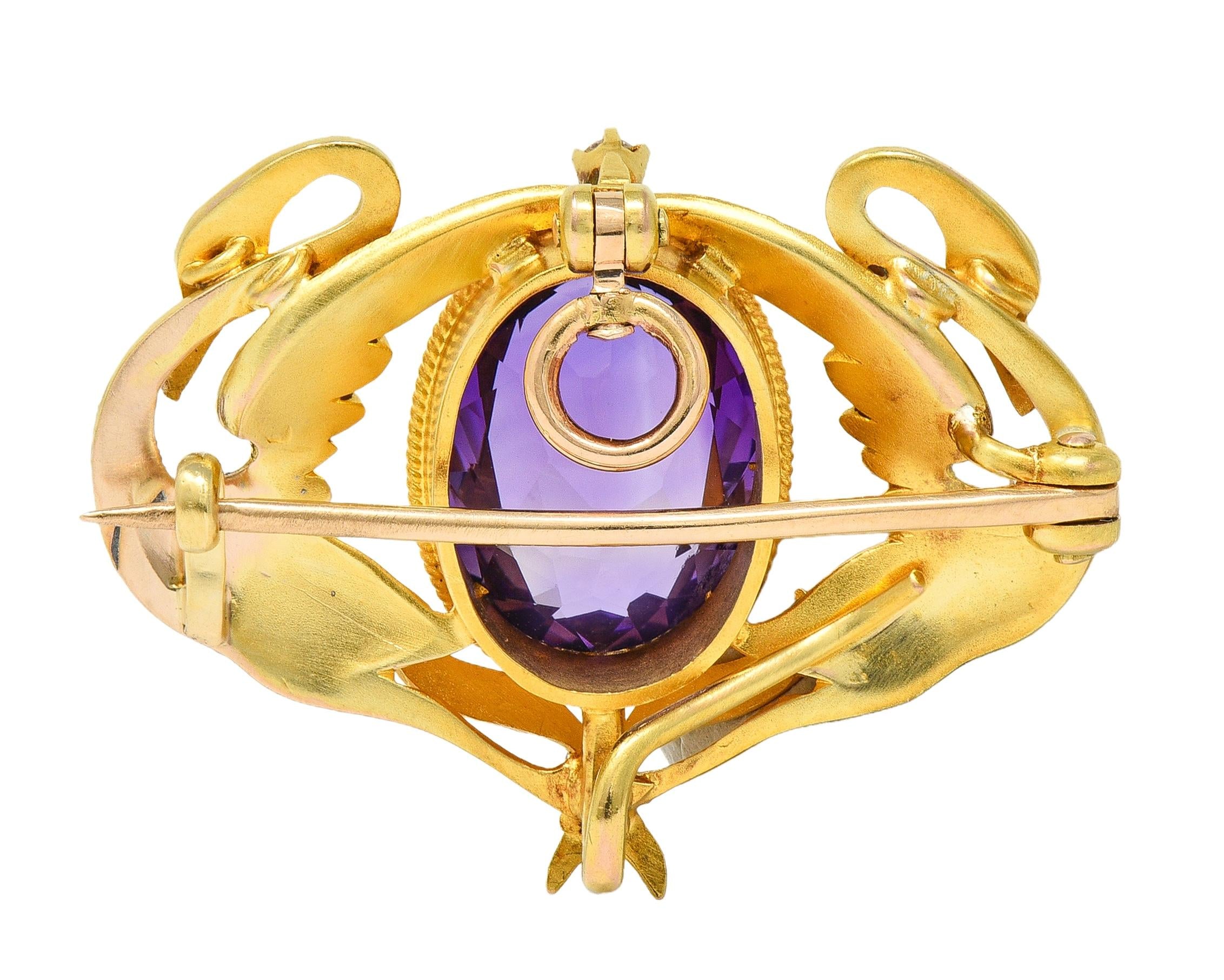 Art Nouveau Diamond Amethyst Enamel 18K Yellow Gold Antique Swan Pendant Brooch