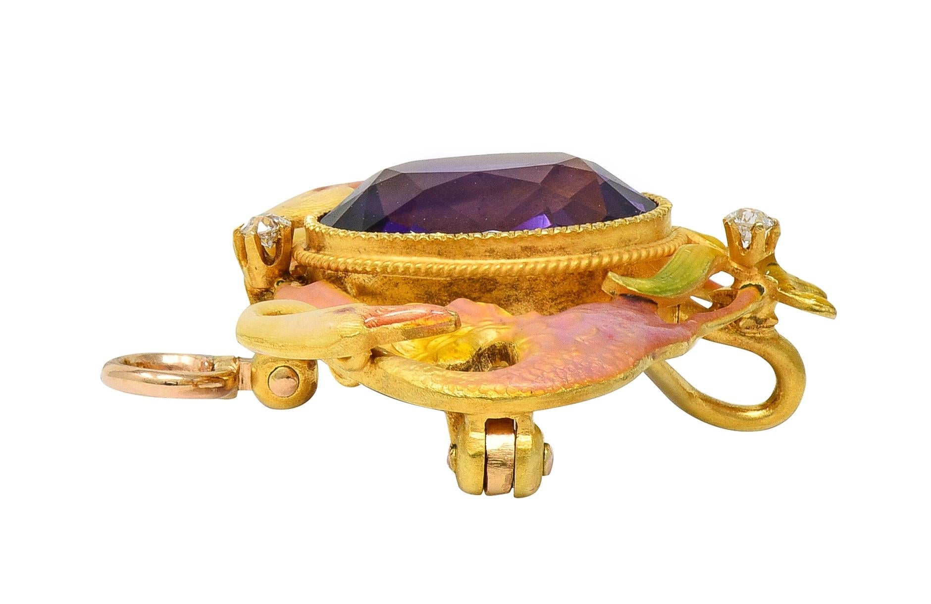 Art Nouveau Diamond Amethyst Enamel 18K Yellow Gold Antique Swan Pendant Brooch